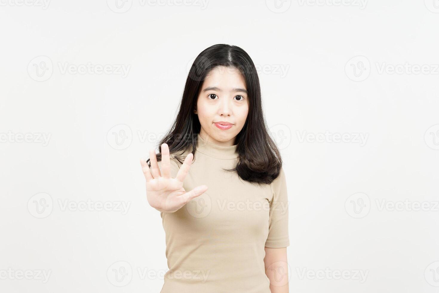 Showing Five Finger Of Beautiful Asian Woman Isolated On White Background photo