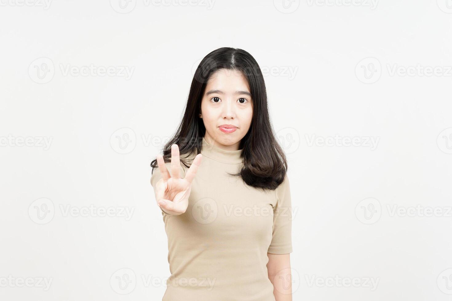 Showing Three Finger Of Beautiful Asian Woman Isolated On White Background photo