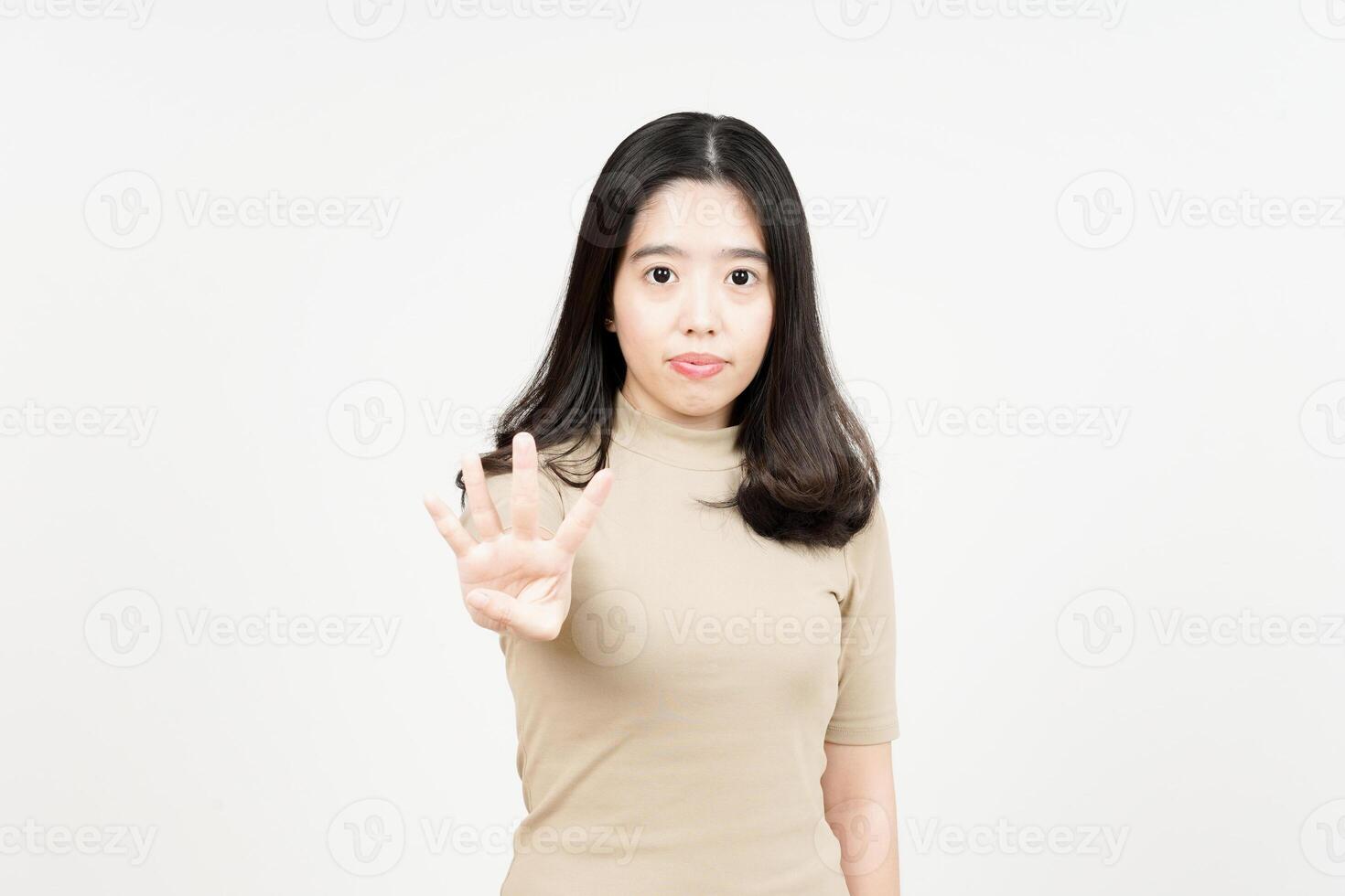 Showing Four Finger Of Beautiful Asian Woman Isolated On White Background photo