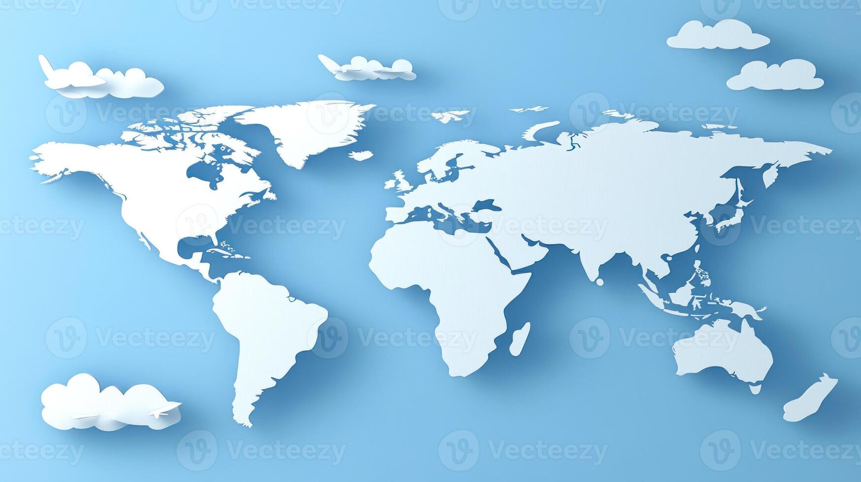 A stylized world map appears in white on a light blue backdrop with fluffy clouds, symbolizing travel and discovery photo