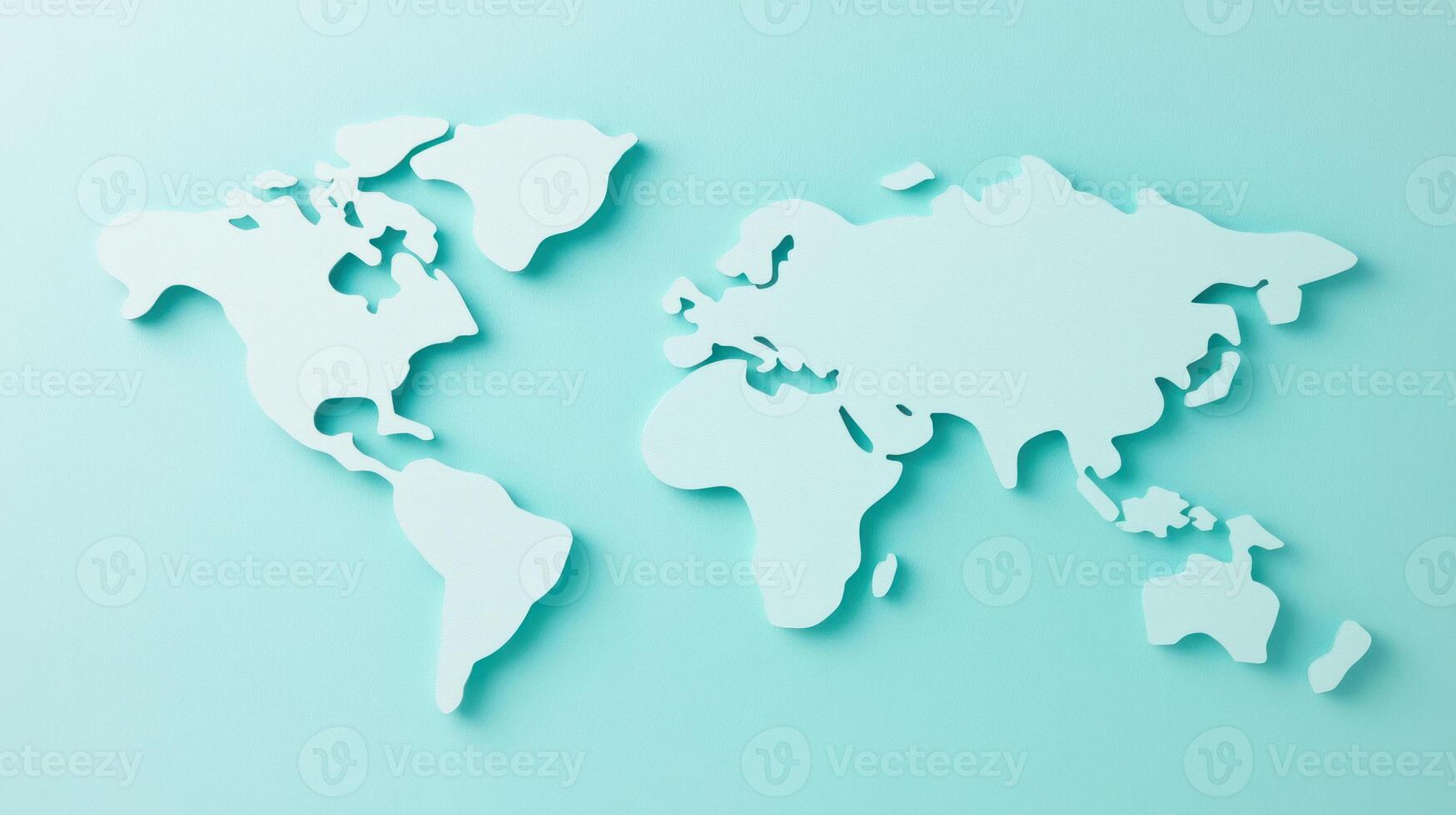 A stylized representation of the world map showcases continents in a clean, modern design on a light blue backdrop photo