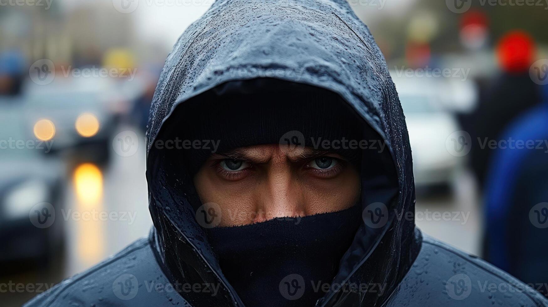 A person with a hood and covered face stands in the rain, expressing strong emotions while surrounded by a crowd photo