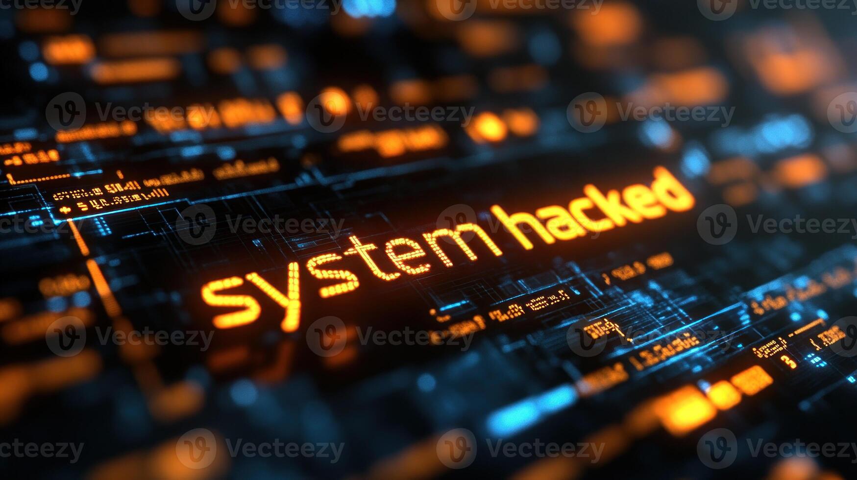 Bright text stating system hacked displays among circuit patterns in a digital landscape photo