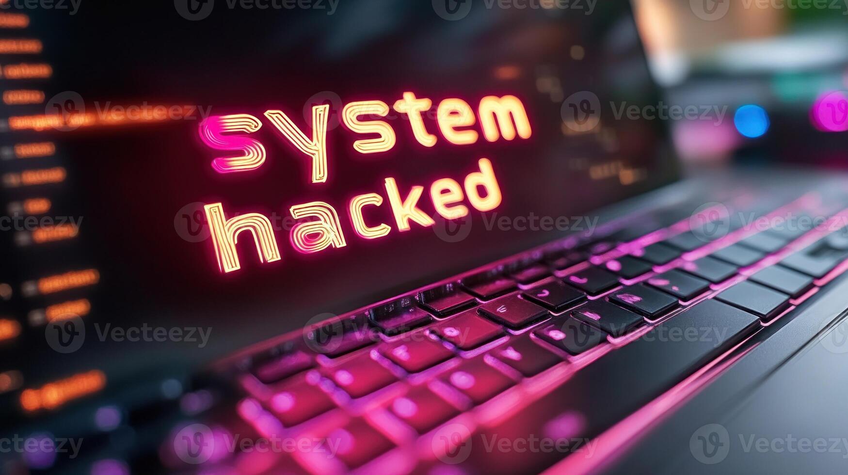 A laptop shows a bright warning indicating a system breach with colorful neon letters in a dark setting photo