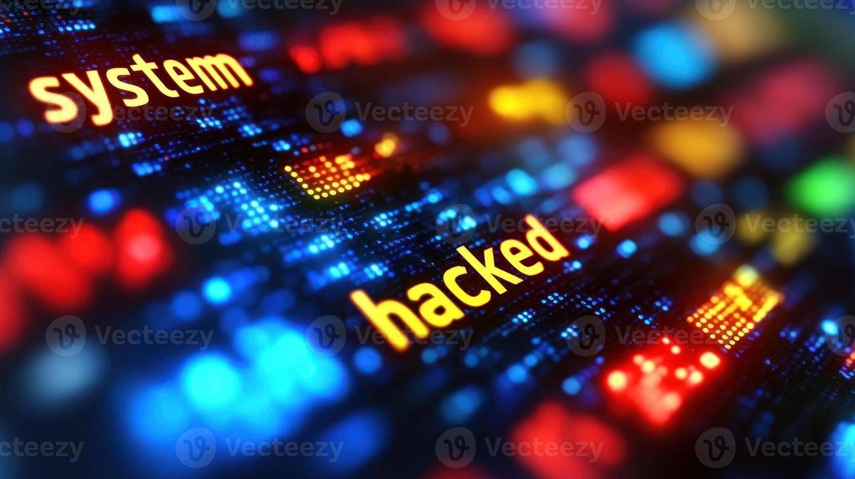 A cybersecurity warning indicating a system has been hacked shows bright text against a dark digital background photo