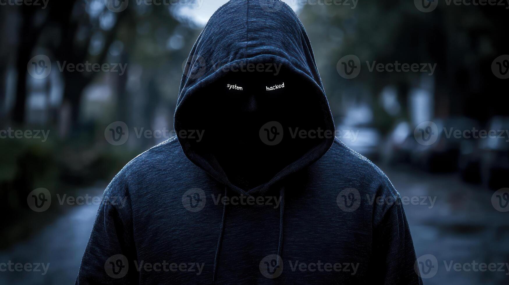 A dark figure cloaked in a hoodie stands under streetlights, suggesting a sense of mystery and potential cyber threats photo
