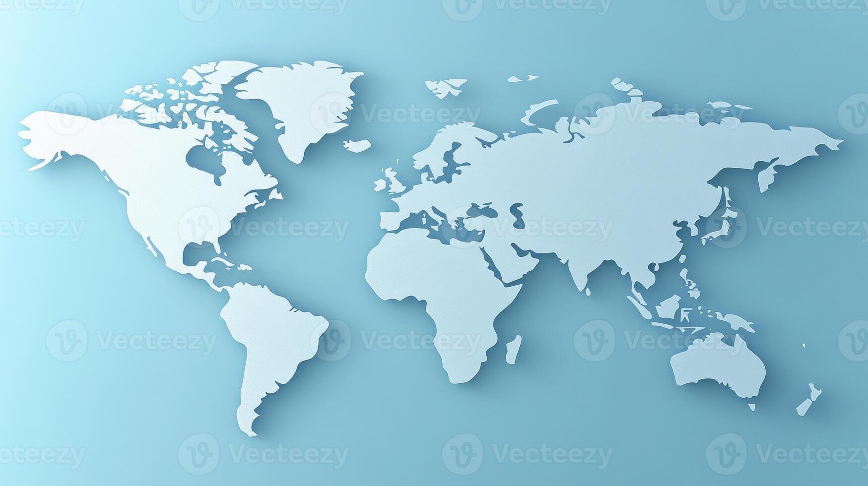 A minimalist world map showcasing continents on a soft blue background, highlighting geographical features photo
