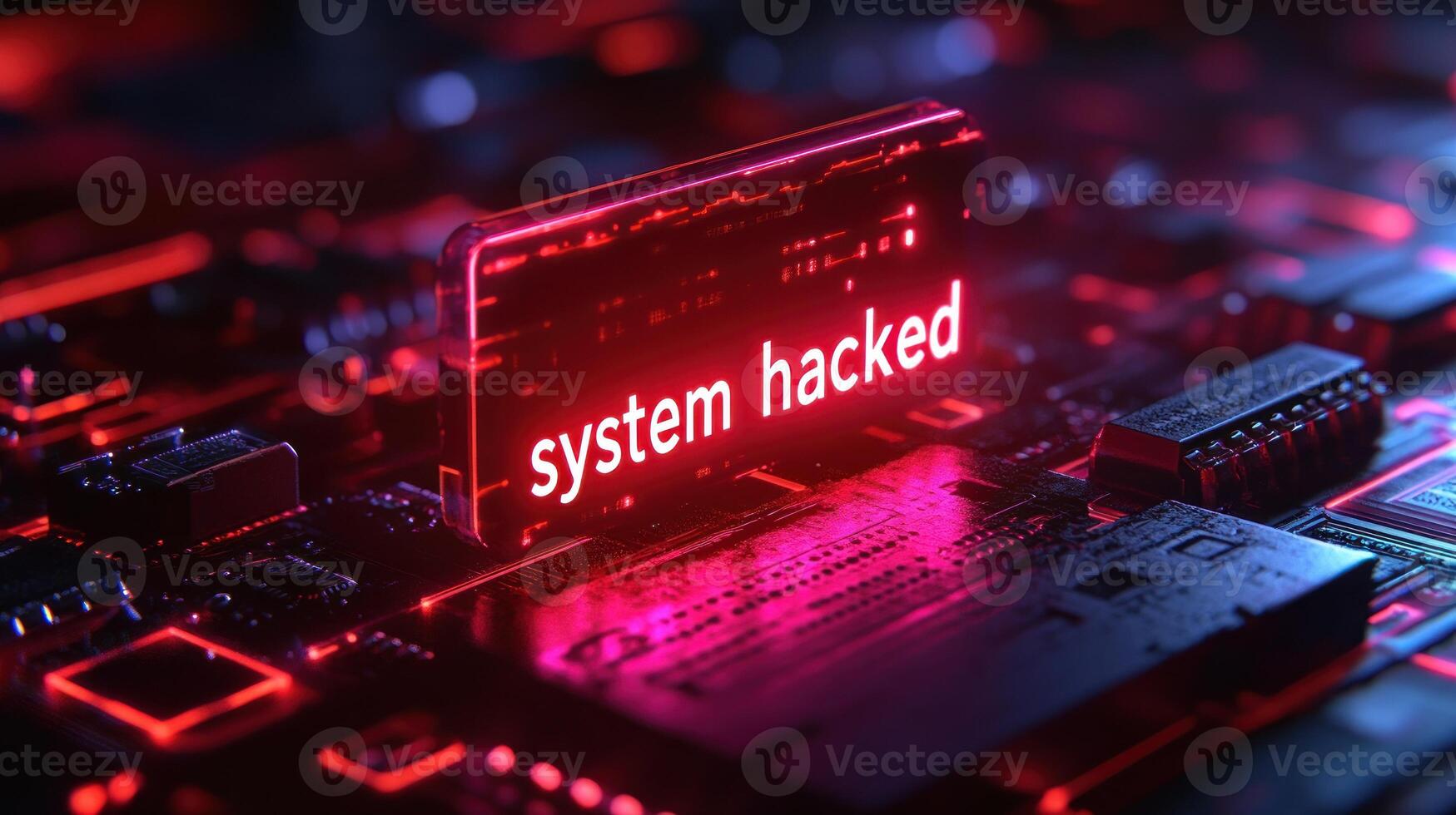 A vibrant red alert flashes on a circuit board, signaling a significant cybersecurity breach and system compromise photo