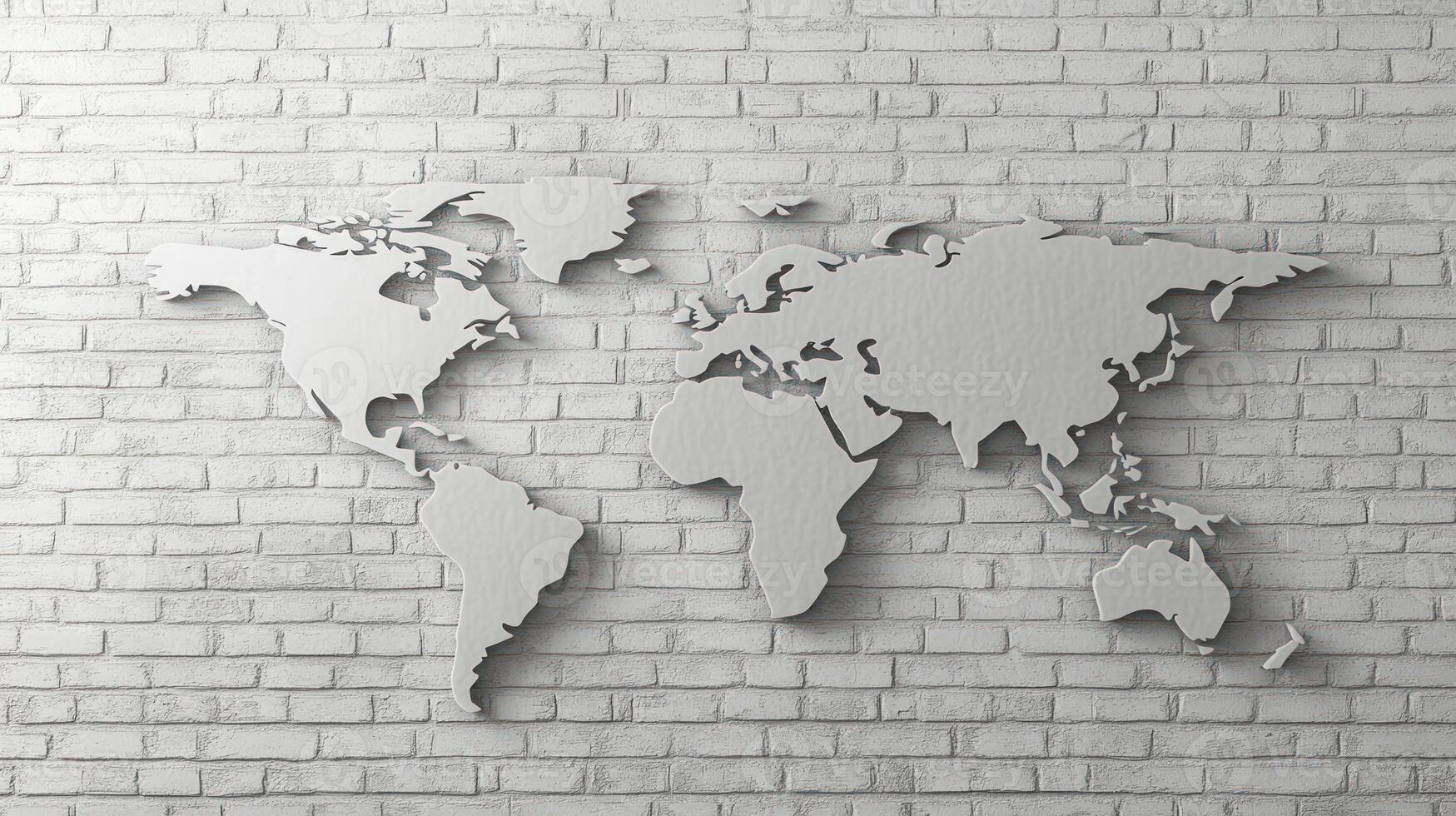A minimalist design featuring a world map cutout in white, set against a textured brick wall, highlighting modern decor photo