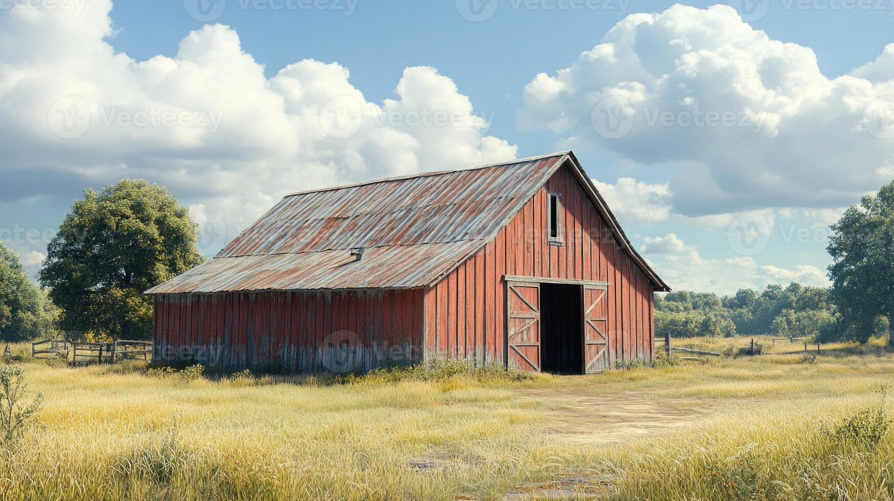 A red barn stands surrounded by tall grass and trees, set under a blue sky with white clouds on a sunny day photo
