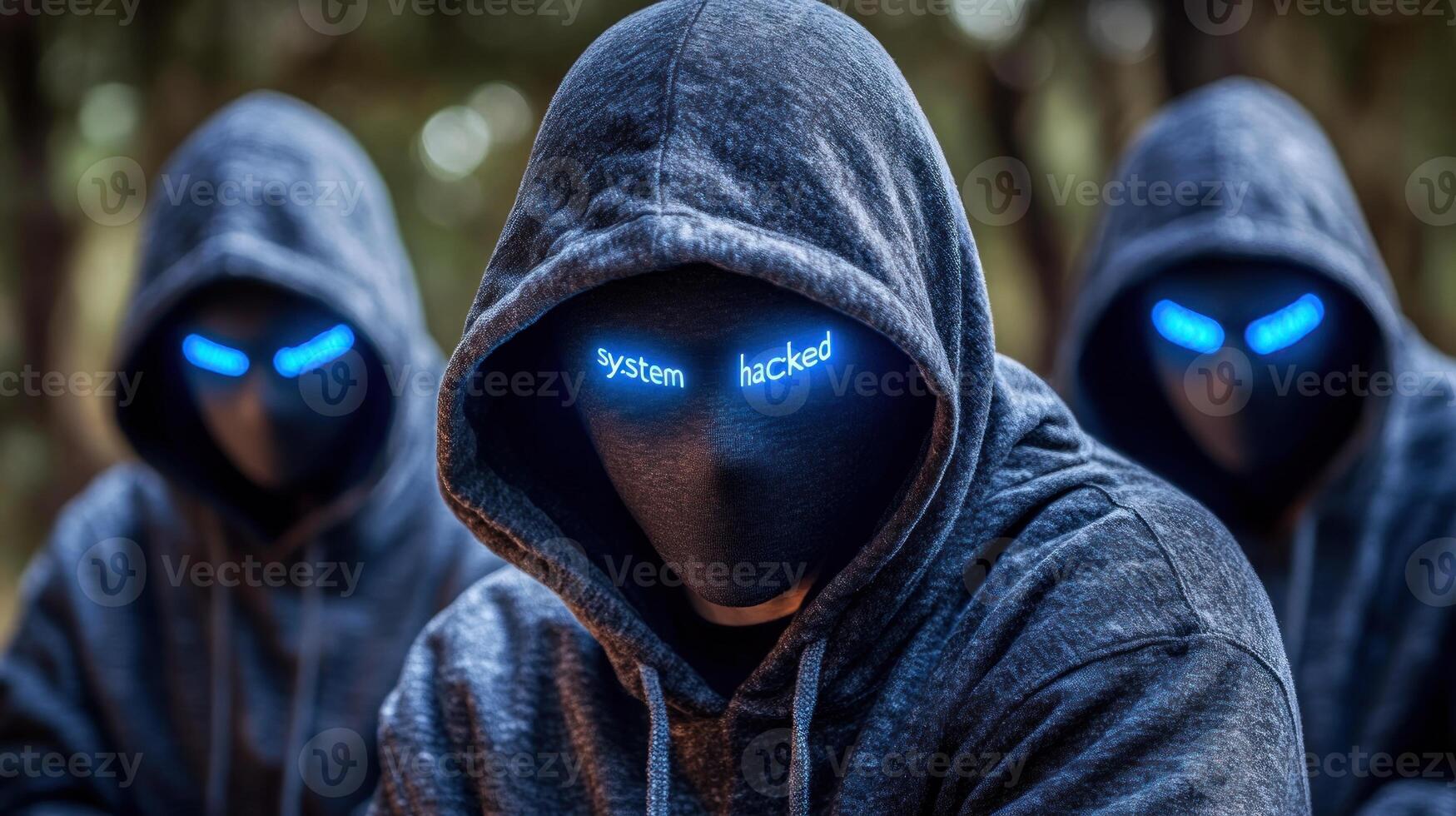 Three hooded figures with glowing eyes hint at a hacking operation in the shadows photo