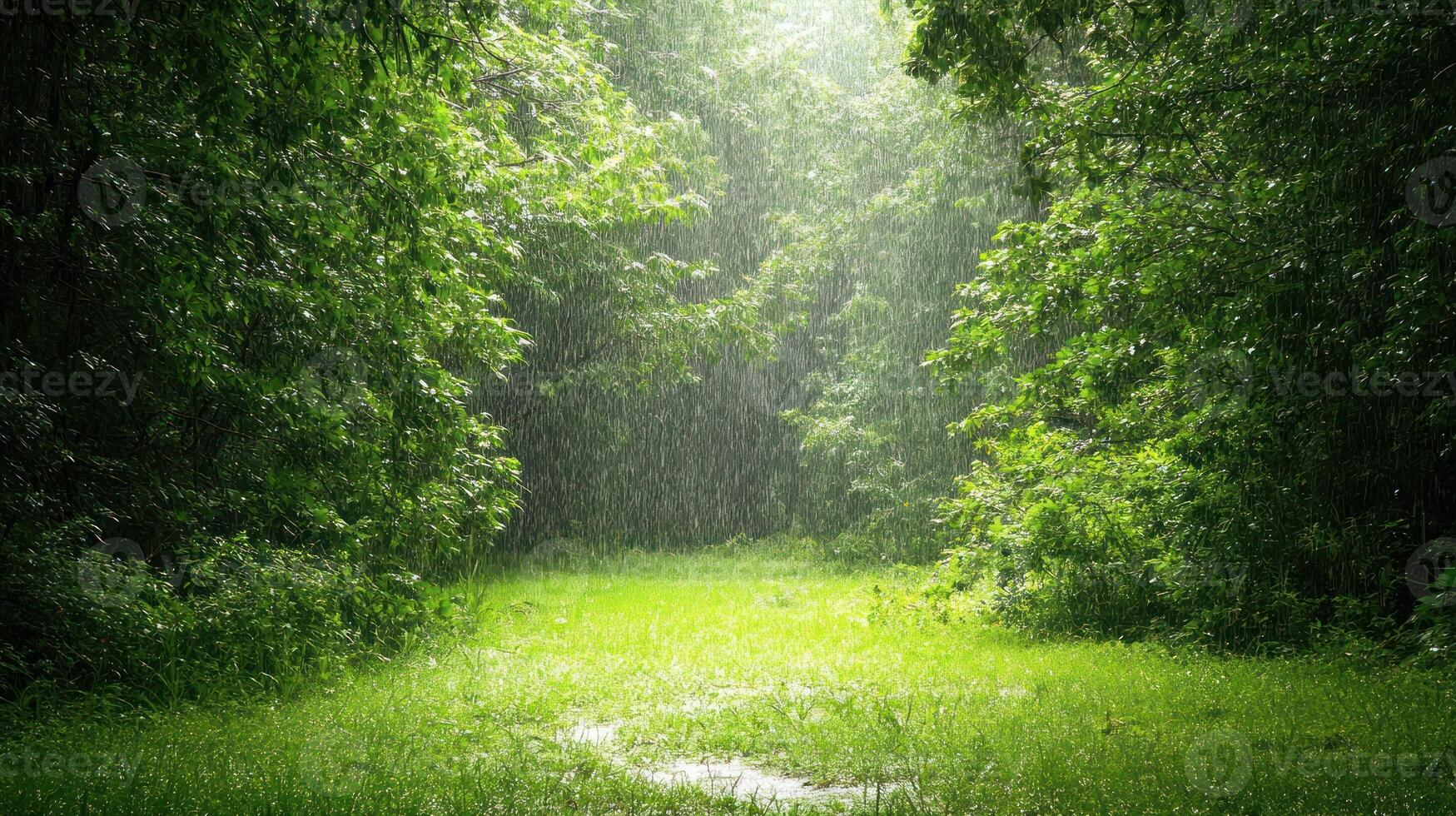 Gentle rain falls on a lush forest clearing, creating a peaceful atmosphere among the vibrant greenery photo