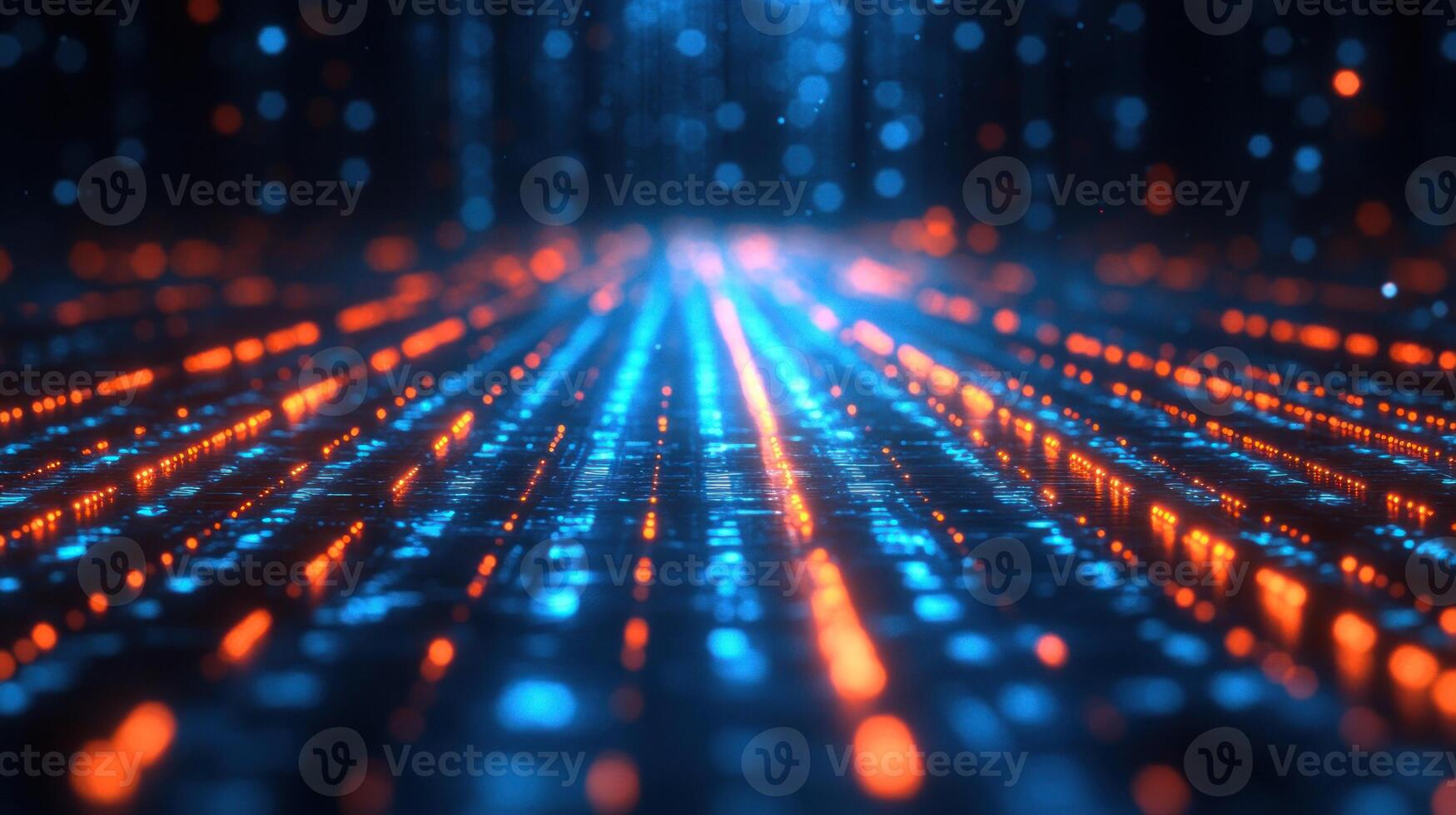 Blue and orange lights illuminate a dark surface, creating an otherworldly digital landscape effect photo