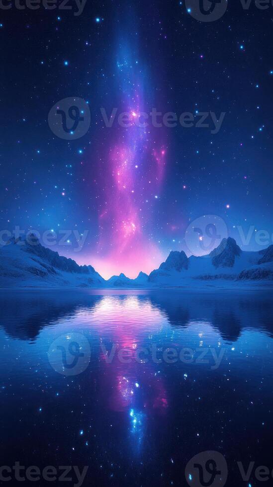 A stunning display of stars and galactic colors reflects on a calm lake beneath snow-capped mountains photo