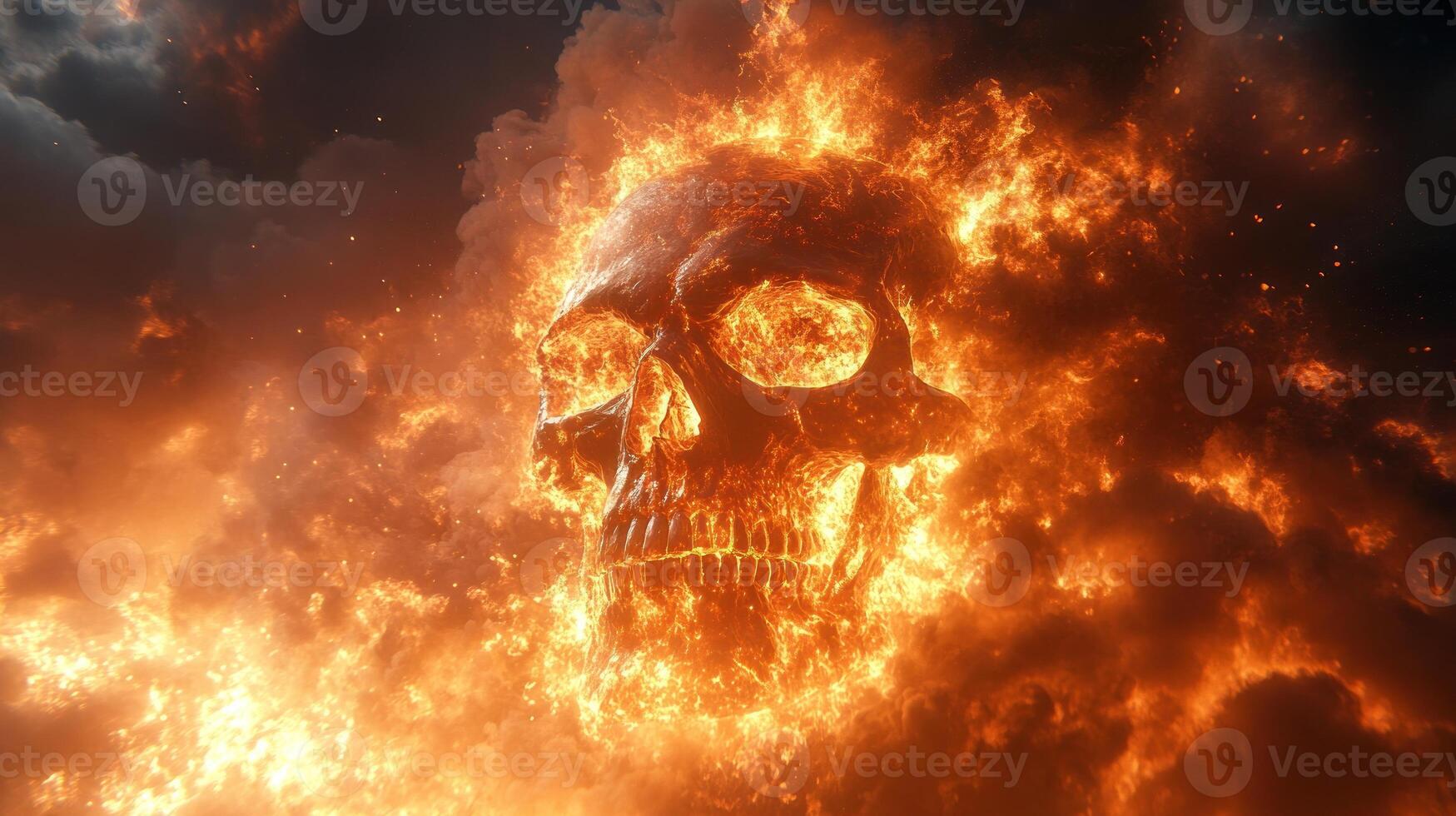 A fiery skull emerges from dark clouds, contrasting sharply with the sunset and mesmerizing viewers photo