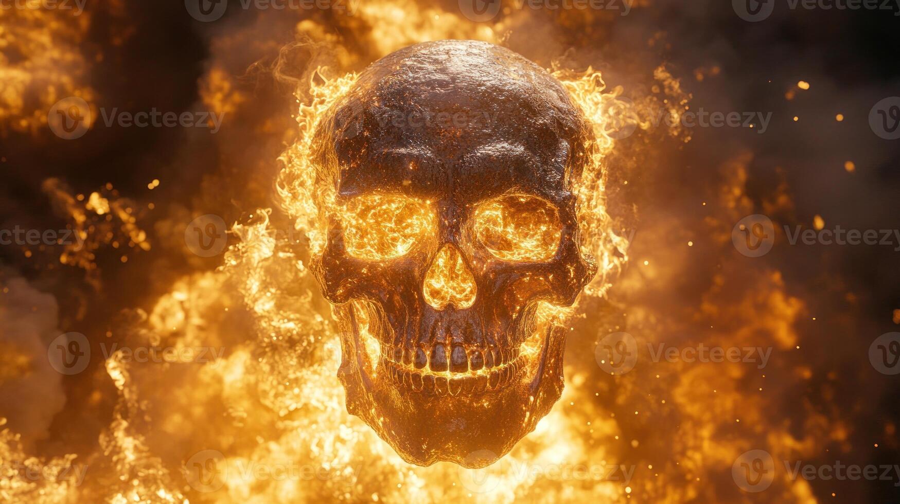 A skull floats amidst blazing flames, exuding an eerie and powerful energy in a dark environment photo