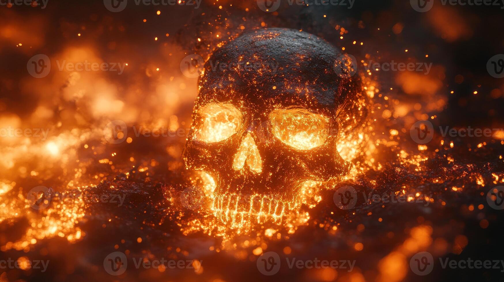 The molten lava surrounds a skull, creating an intense and fiery atmosphere amid the volcanic eruption photo