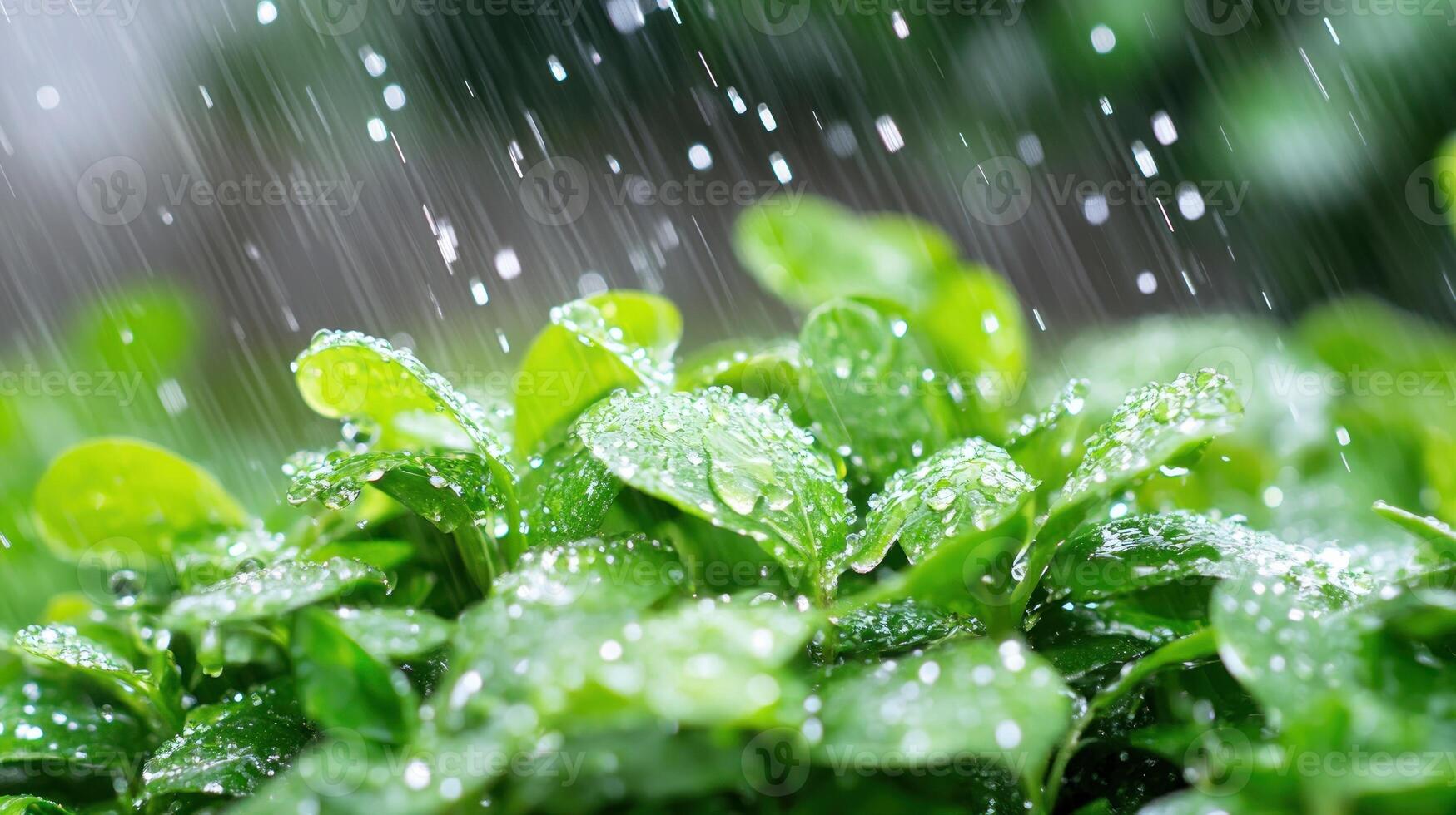Raindrops create a refreshing atmosphere as they hit the vibrant green leaves in a peaceful outdoor garden photo