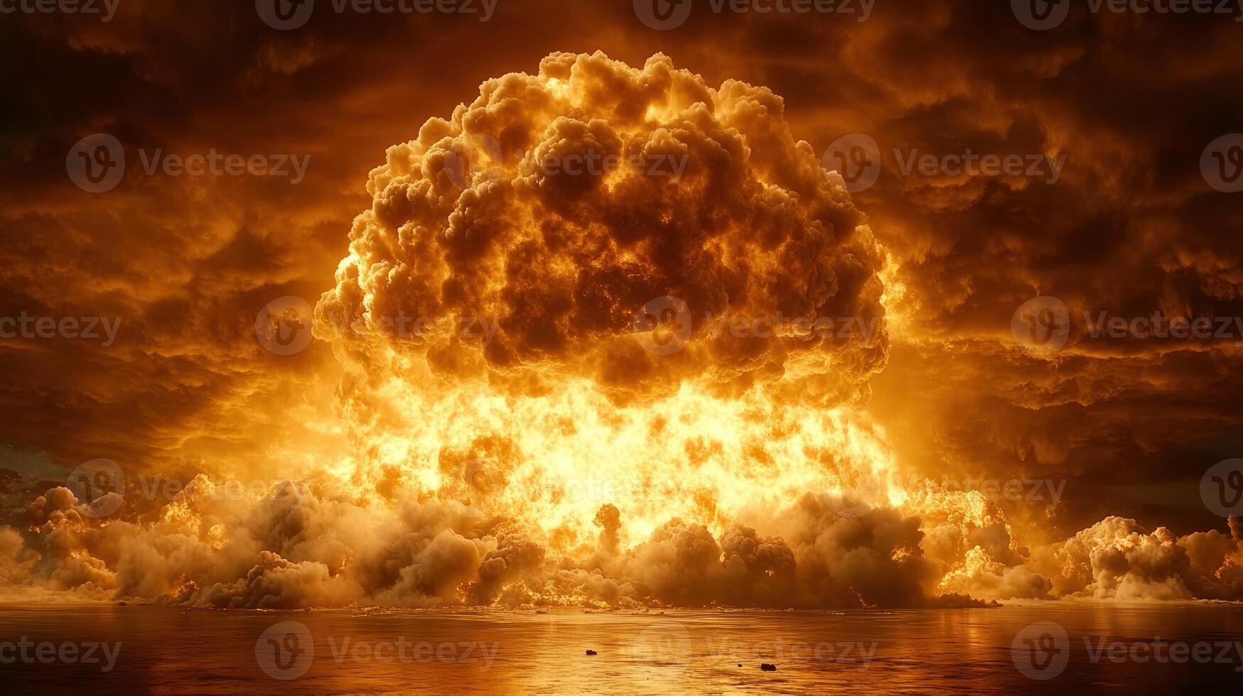 A massive explosion lights up the water and dark clouds, creating a dramatic scene photo