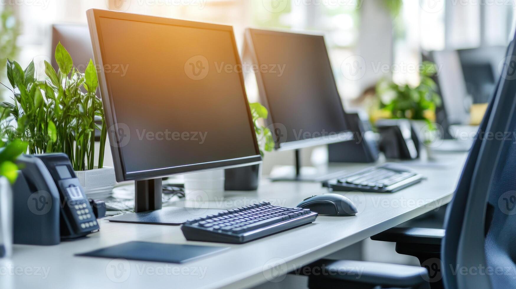 A modern office setup showcases computer monitors and keyboards beside vibrant green plants in a bright workspace photo