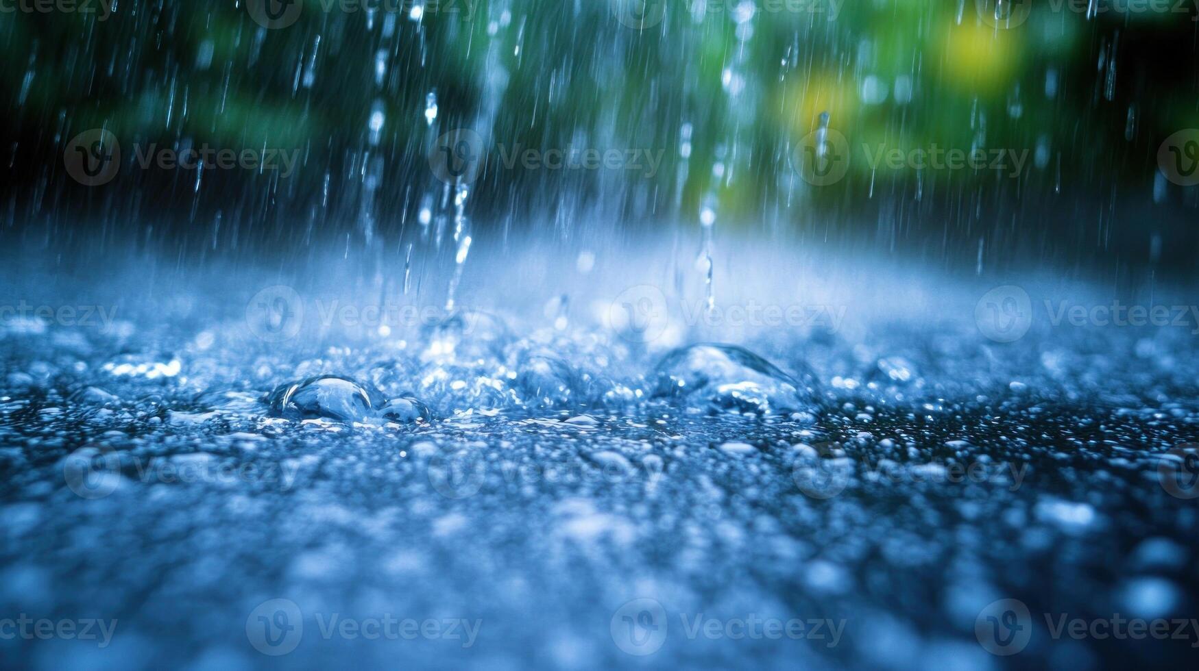Morning rain softly falls, causing ripples as droplets hit the surface in a vibrant garden photo