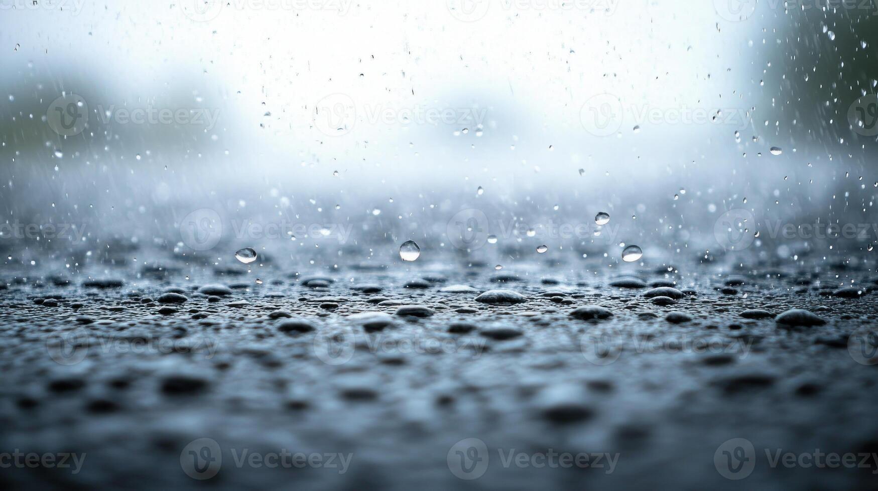 Rain falls steadily on the pavement, creating a calming ambiance and a reflective surface under a gloomy sky photo