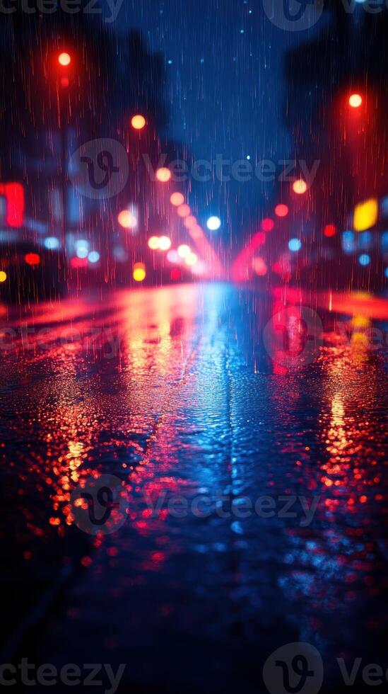 Rain pours on city streets, creating colorful reflections from bright streetlights and storefronts photo