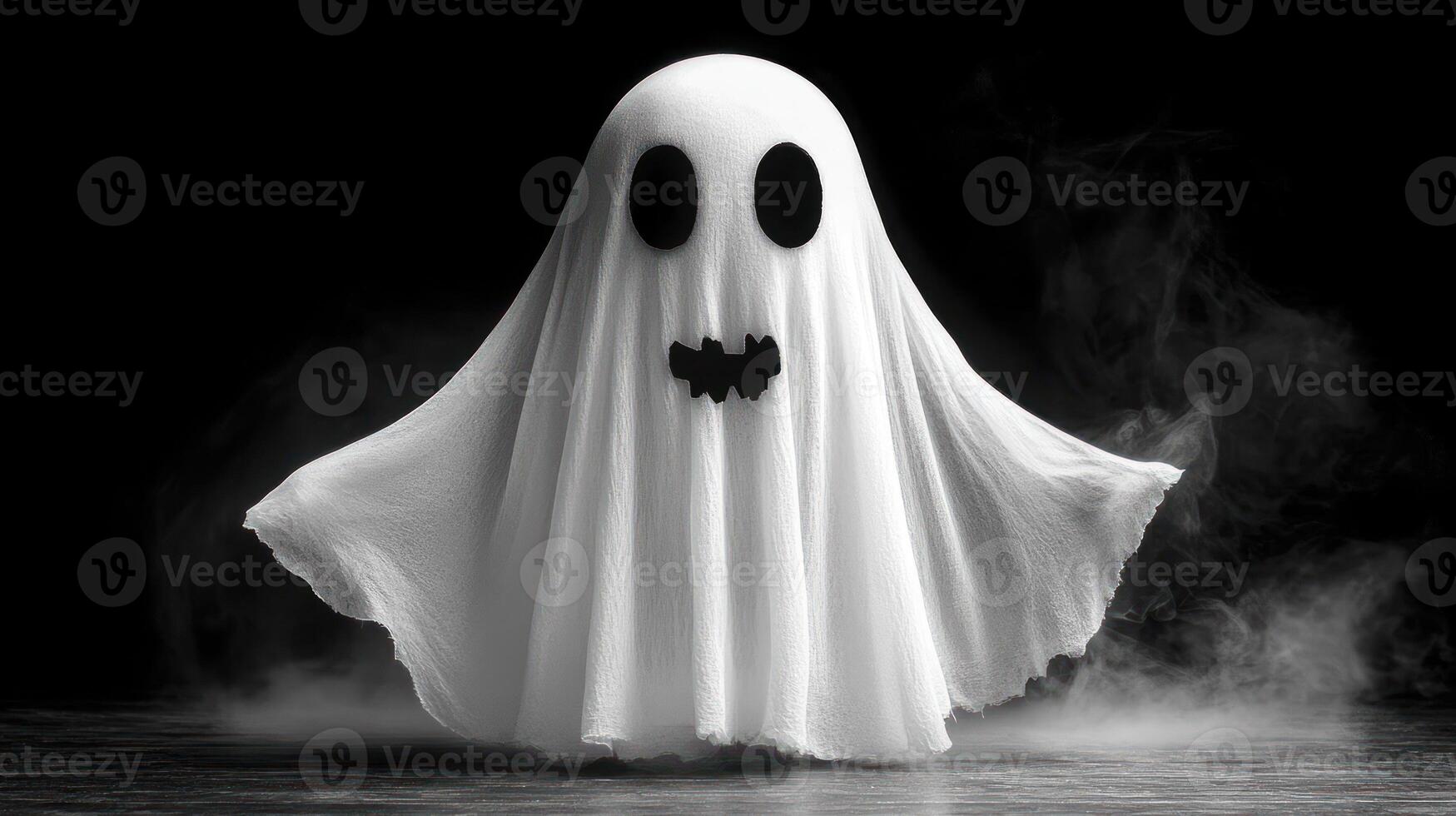 A ghost with a hanging white sheet and black features stands in a darkened area, creating a spooky ambiance photo