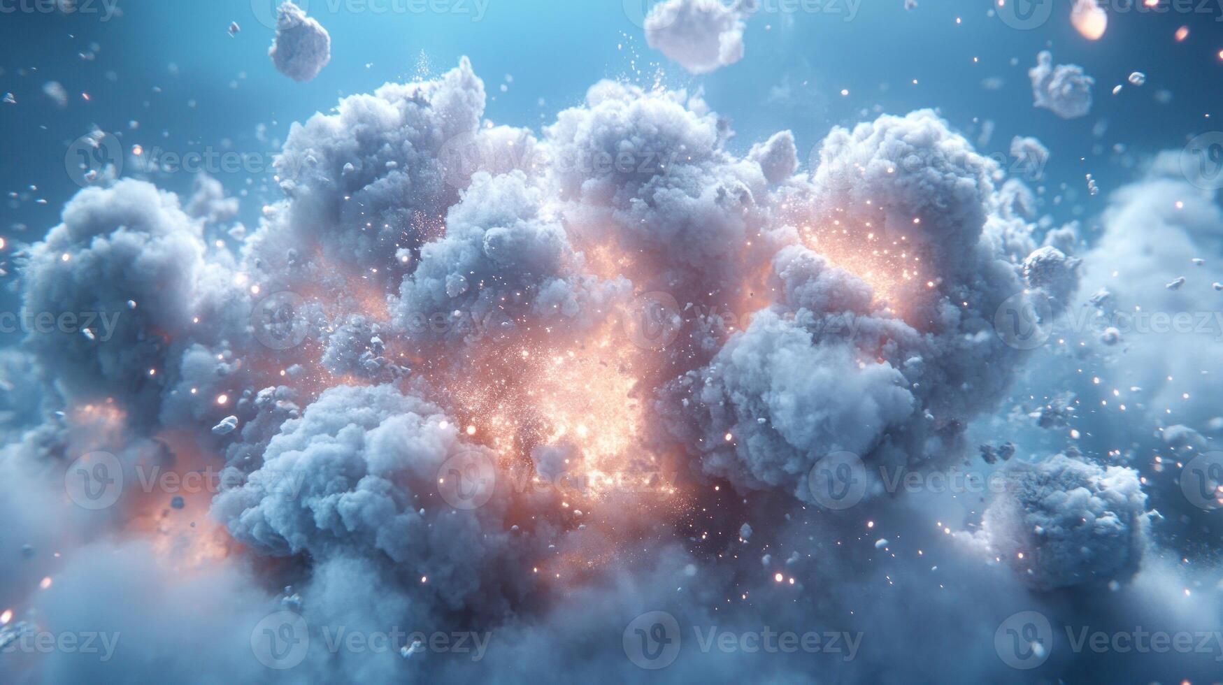 A massive explosion erupts, filling the atmosphere with thick clouds and fiery bursts of light against a blue backdrop photo