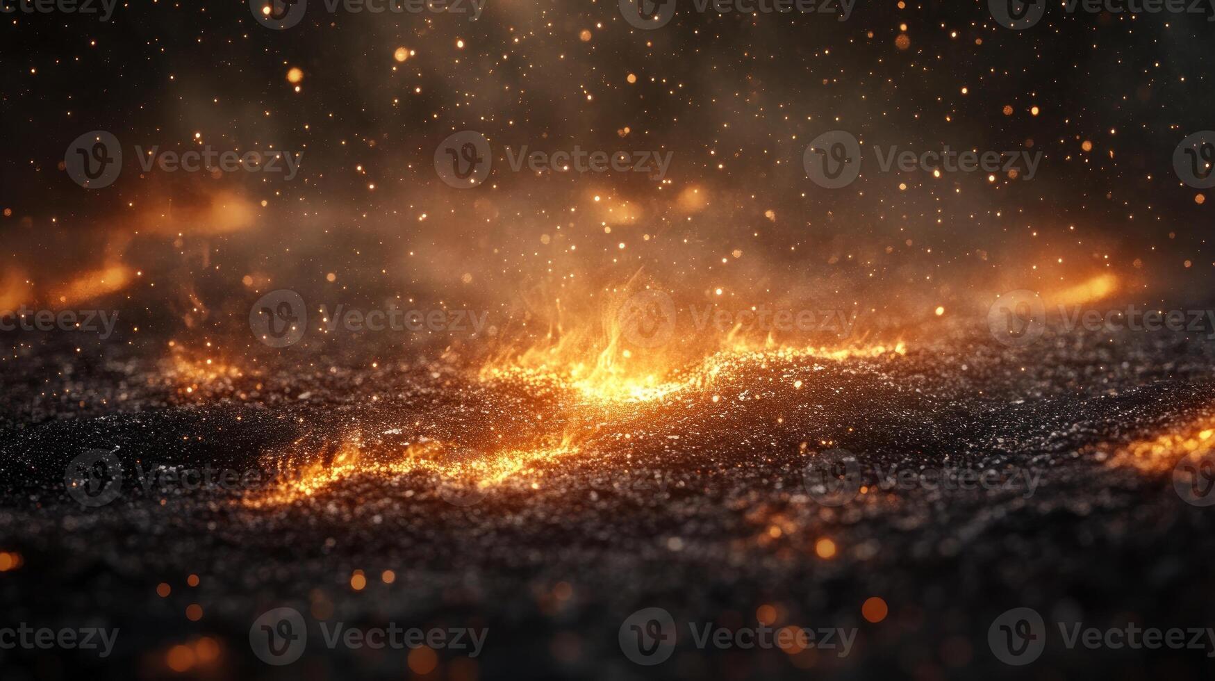 Magma flows gently on the dark surface, with flickering orange lights and glowing particles scattered in the air photo