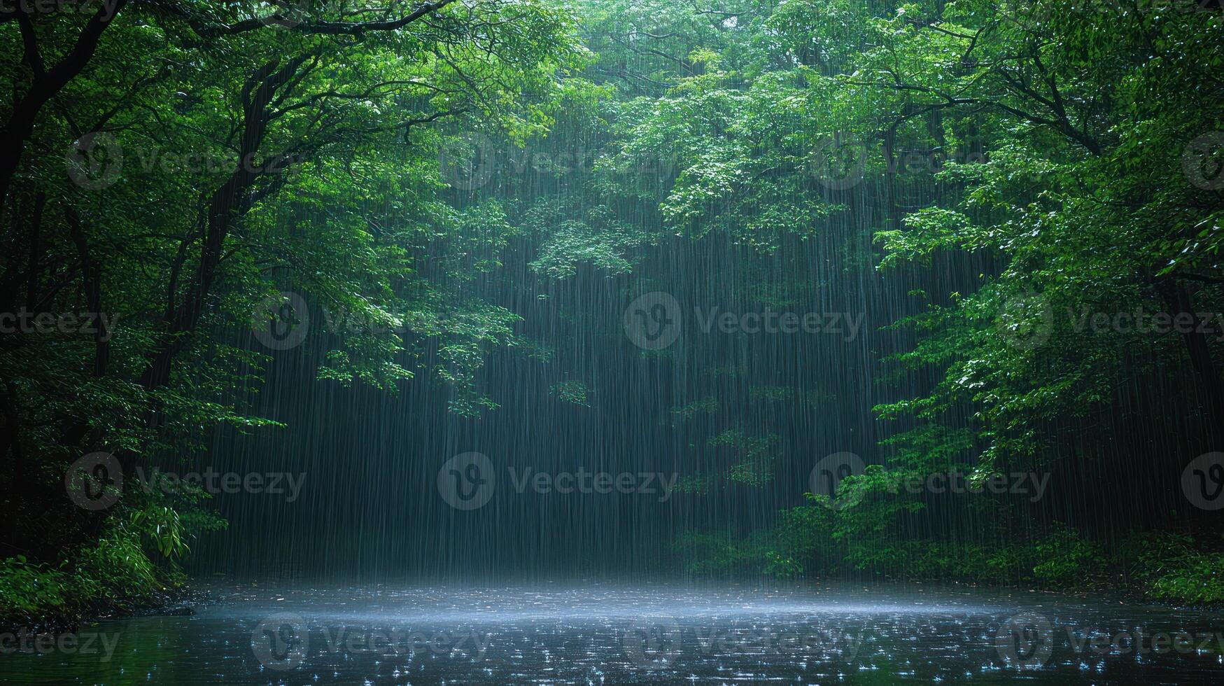 Heavy rain falls in a dense forest, creating ripples on the surface of a peaceful lake surrounded by trees photo
