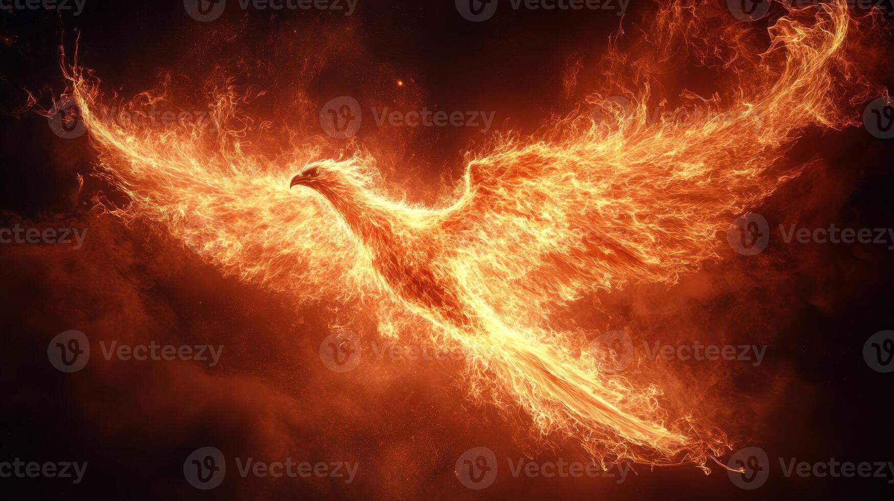 The mythical phoenix ascends amid radiant flames, symbolizing transformation and renewal in a dramatic display of fire photo