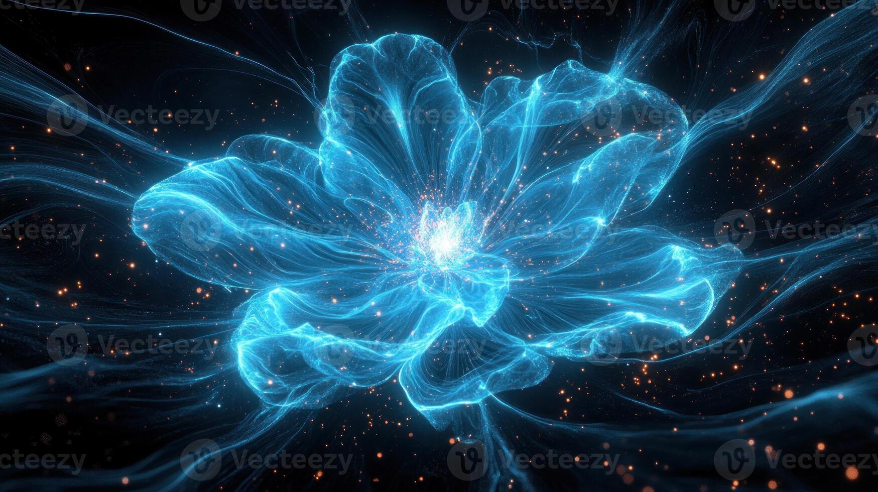 A glowing blue flower radiates light in a dark space, surrounded by swirling patterns and sparkling particles photo