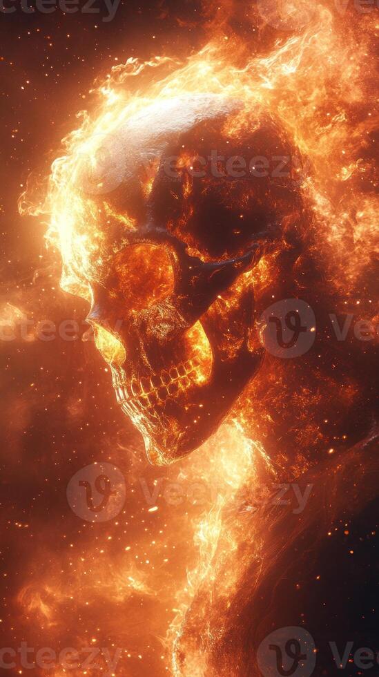 A glowing skull appears amidst swirling flames, creating an intense and captivating cosmic effect photo