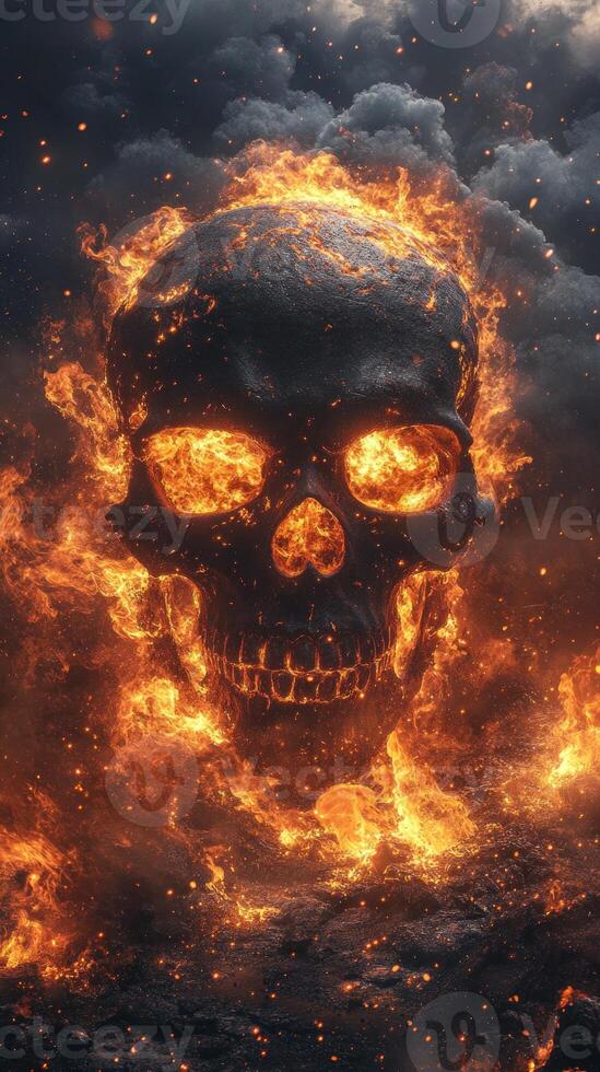 An intense skull engulfed in flames looms against a smoky backdrop, evoking a sense of heat and ferocity photo