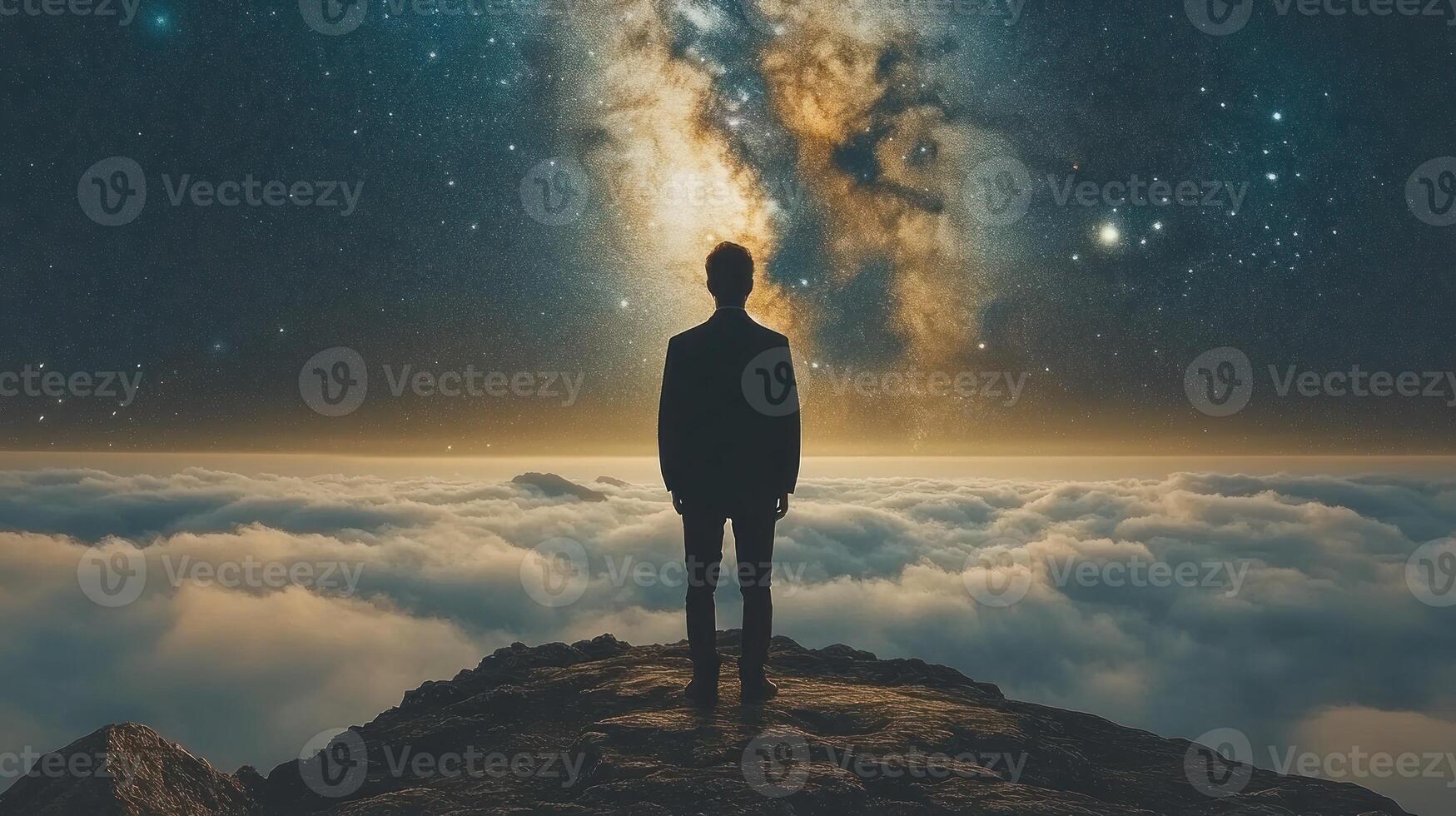 A person stands against a breathtaking cosmic backdrop, contemplating the beauty of the universe during nighttime photo
