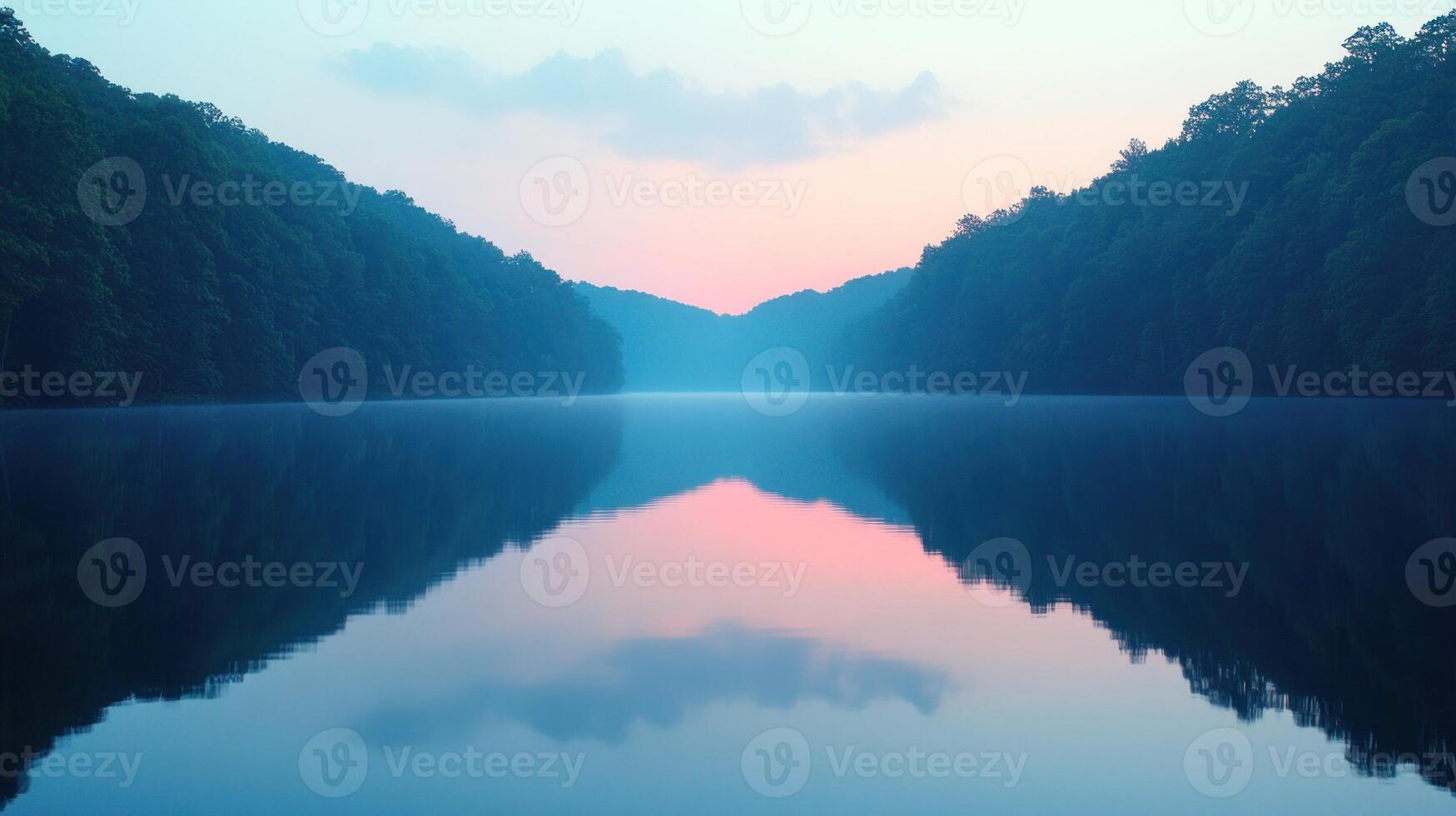 Early morning light casts soft hues over the lake, reflecting trees and clouds in perfect symmetry photo