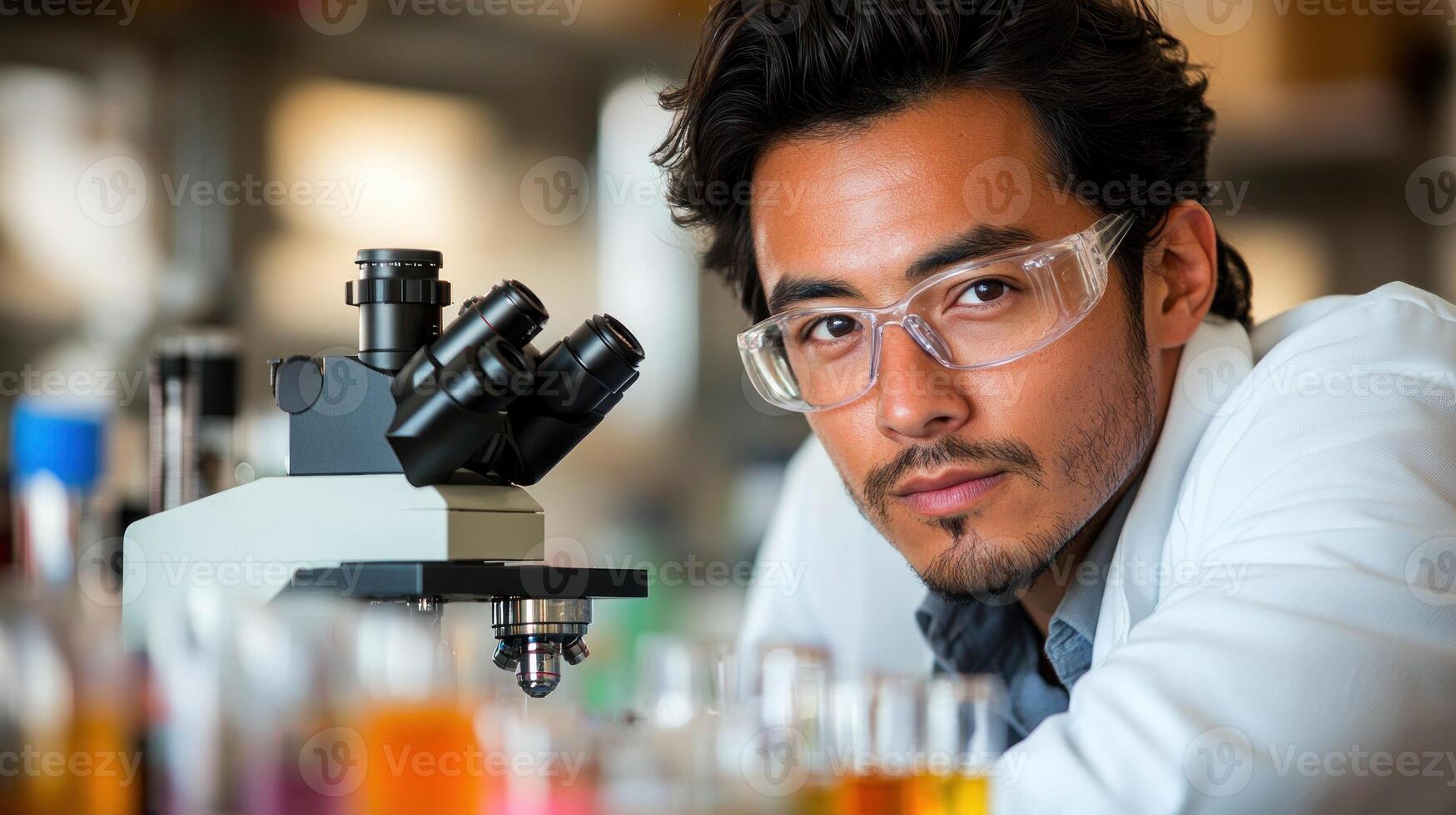 Scientist wearing protective glasses analyses colorful samples using a microscope in a busy laboratory photo
