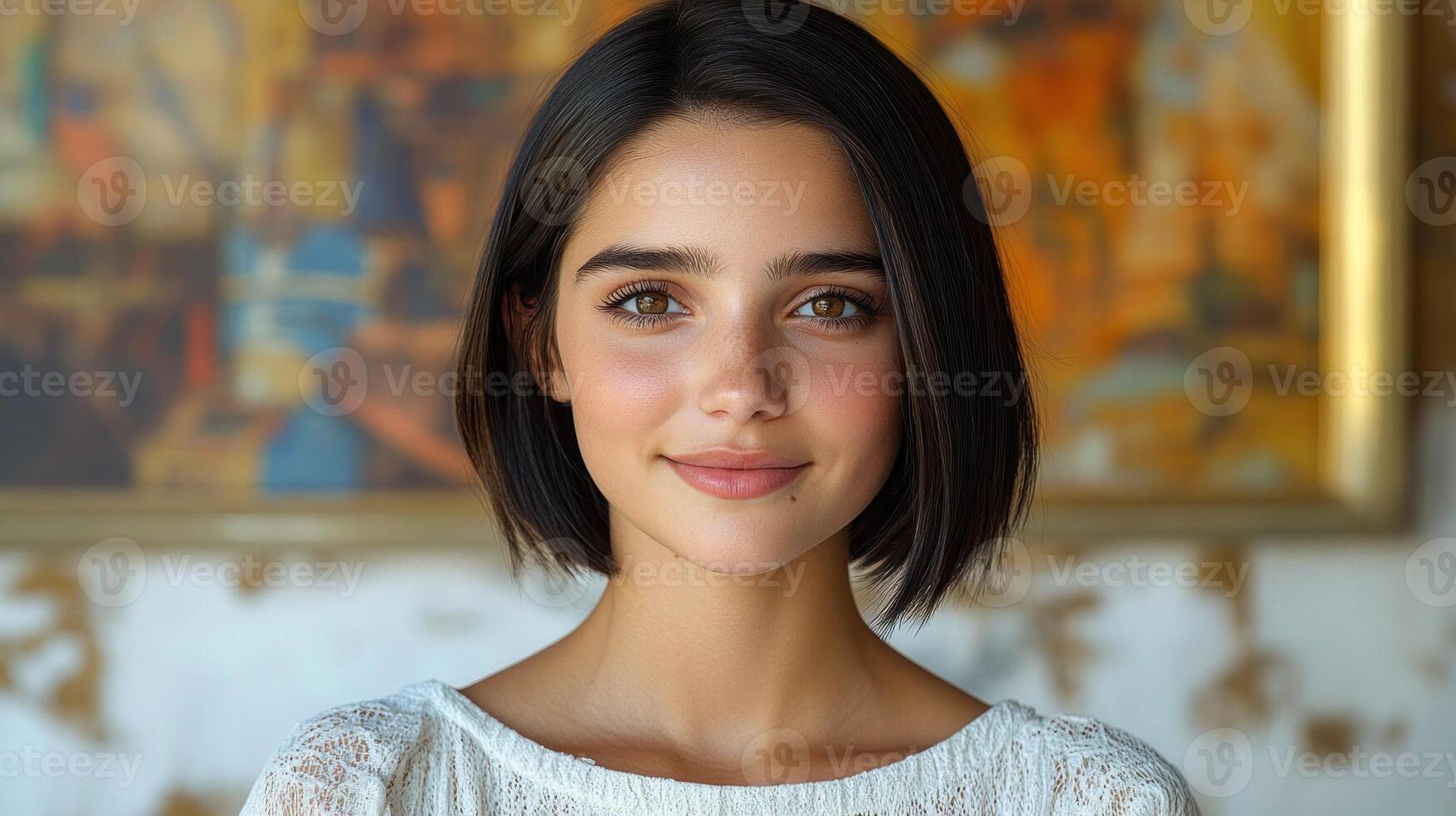 A young woman smiles while standing in front of vibrant artwork, showcasing her relaxed demeanor and style photo