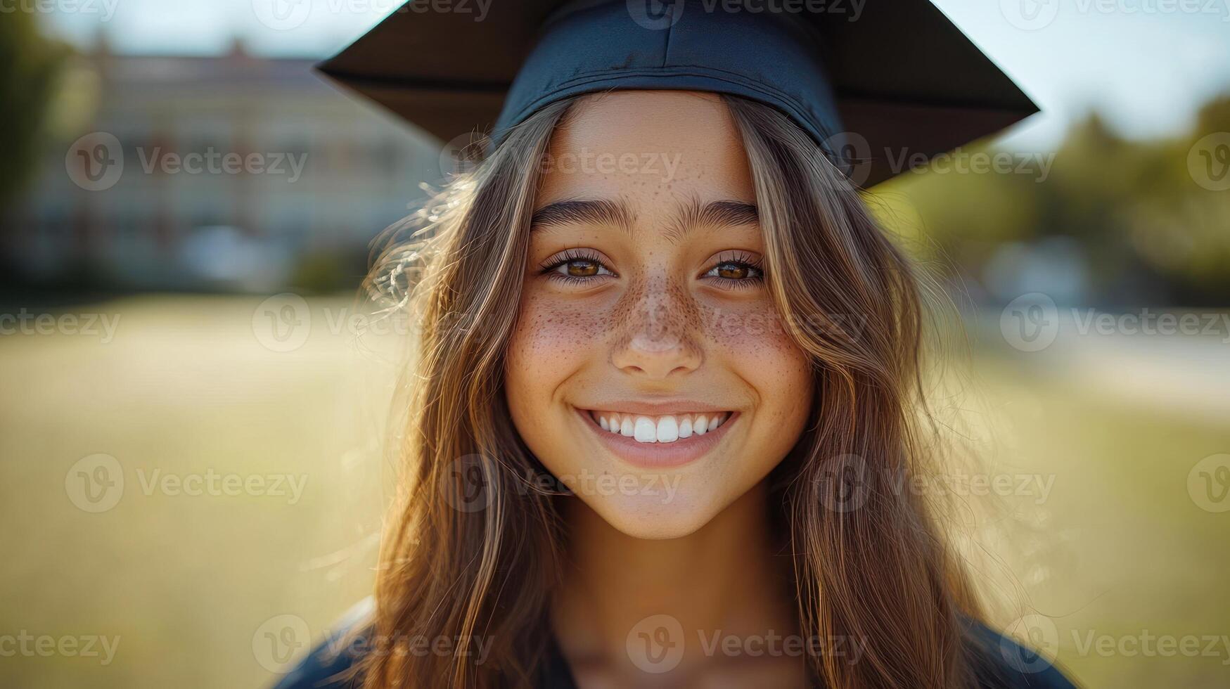 A happy graduate wearing a cap beams with pride in a bright outdoor environment photo