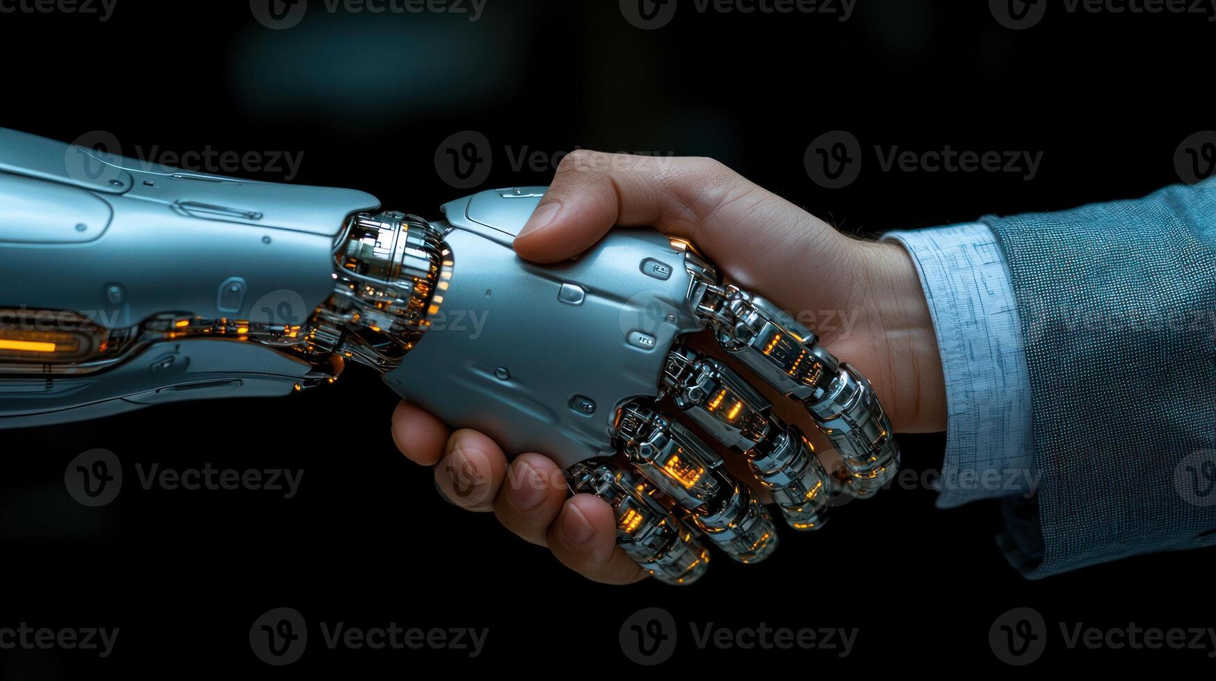 A human and robotic hand are shaking, representing unity between humans and technology photo