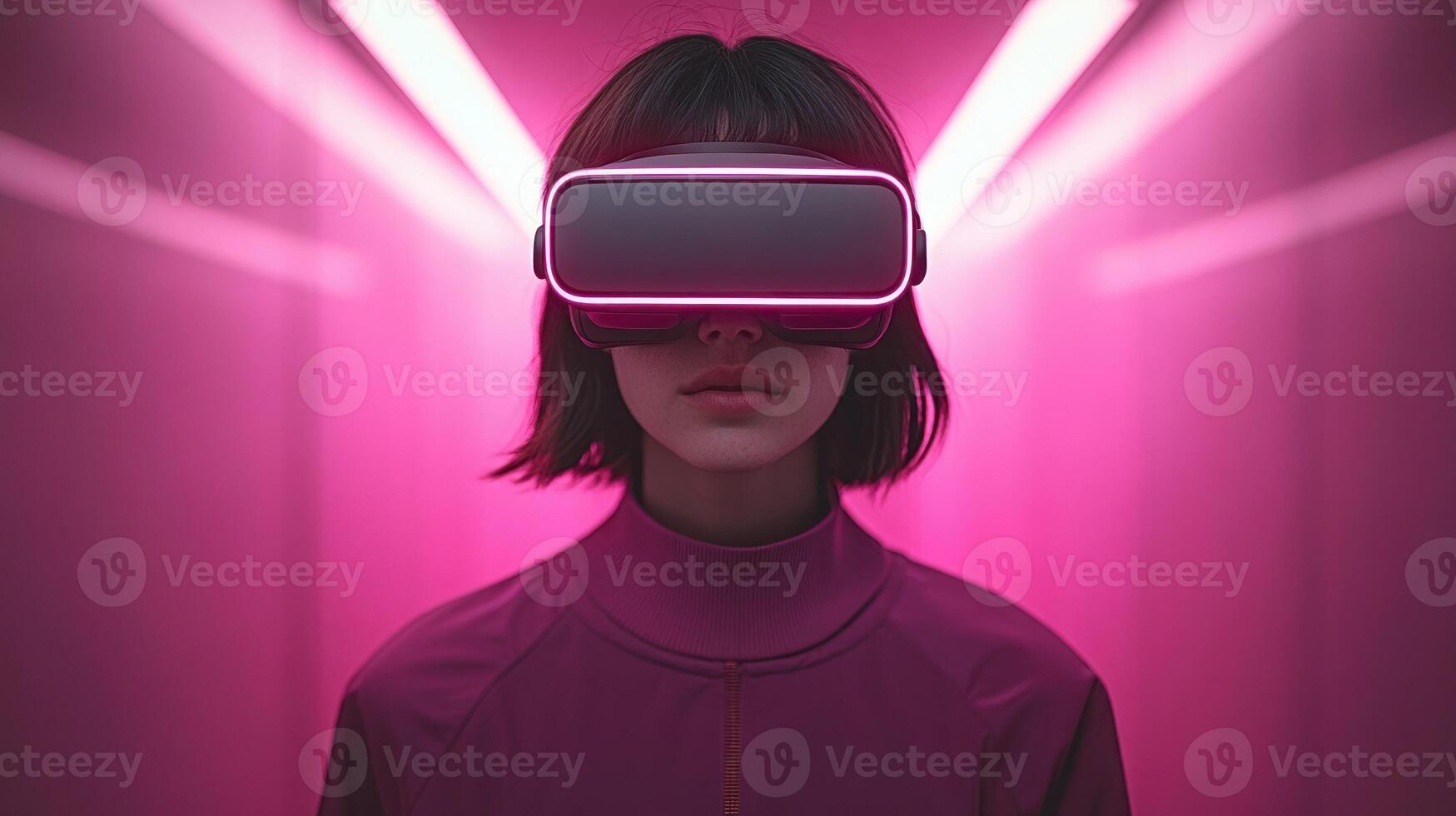 A user engaged in virtual reality, wearing a headset in a brightly lit pink corridor photo