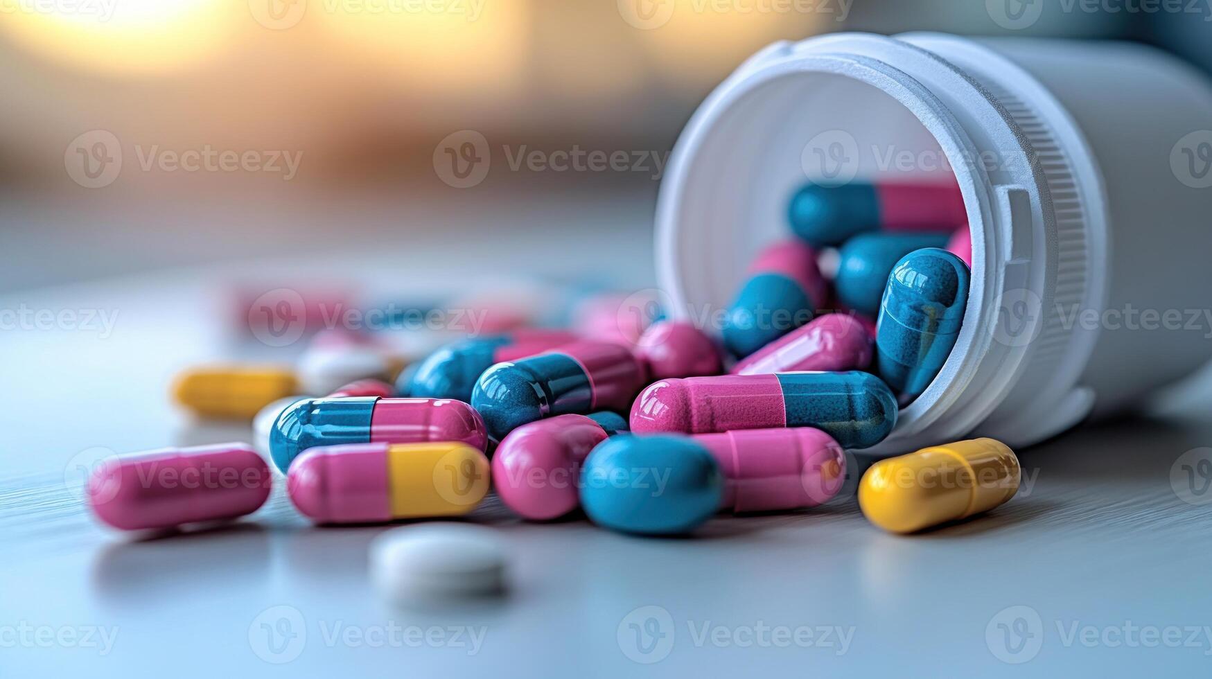 Multicolored capsules are scattered around a white bottle, reflecting warm golden hour light photo