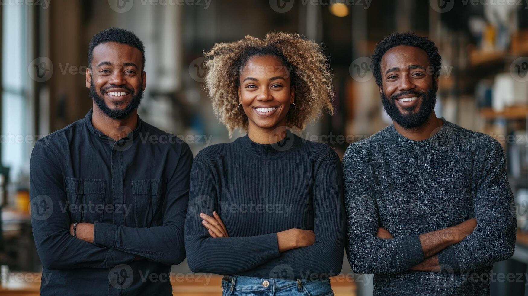 Three young adults stand together in a trendy workspace, smiling while crossing their arms photo
