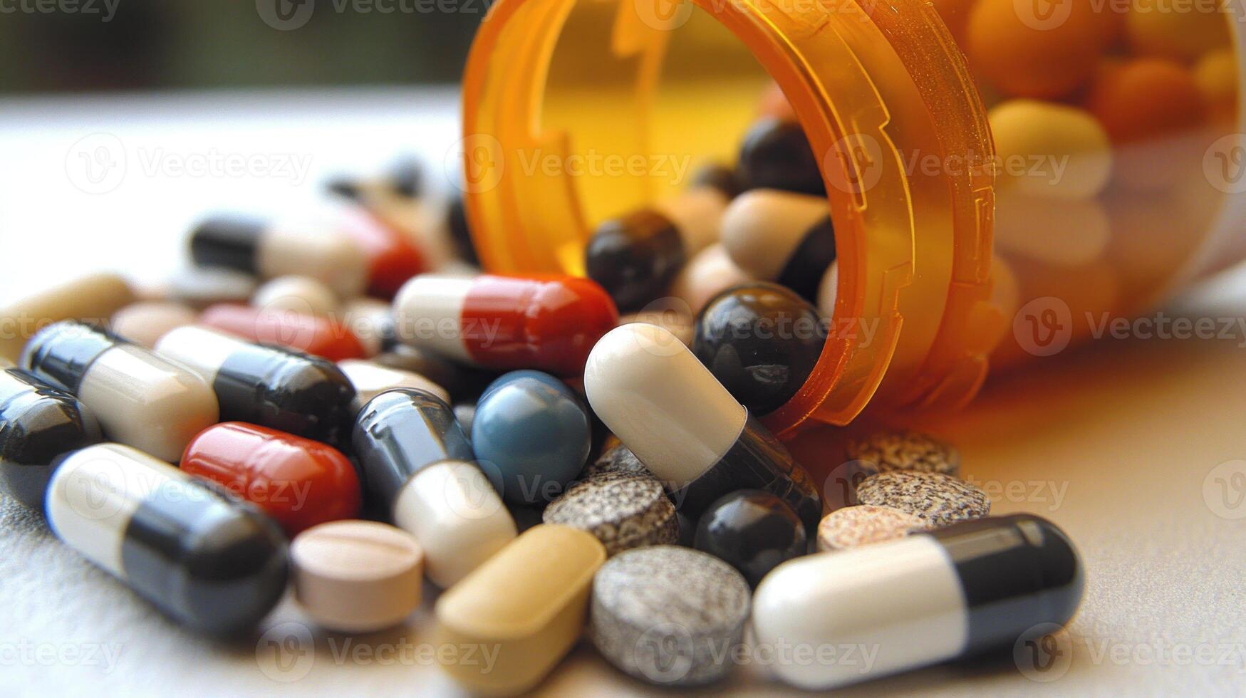A colorful assortment of capsules and tablets scattered from an opened prescription container photo
