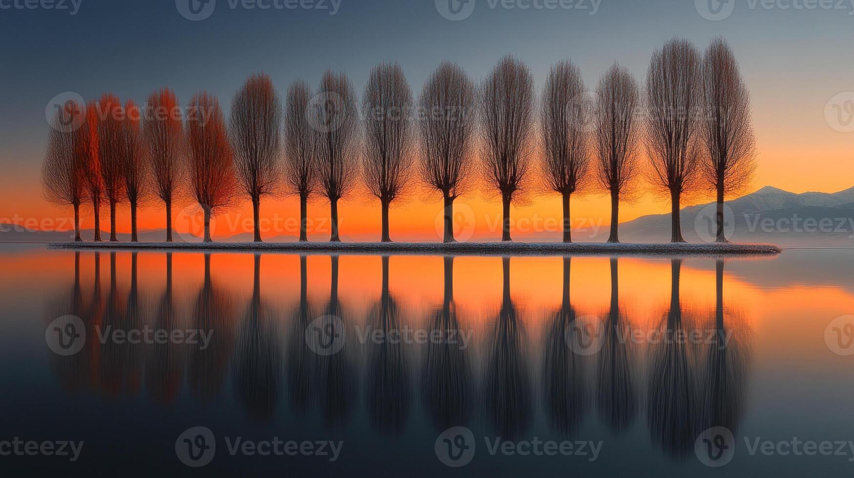Silhouettes of tall trees line the water, creating stunning reflections as the sun sets, casting warm hues photo