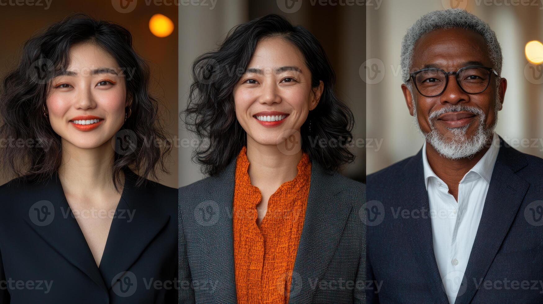 Group of three people exuding confidence with vibrant smiles, showcasing different hairstyles and outfits photo
