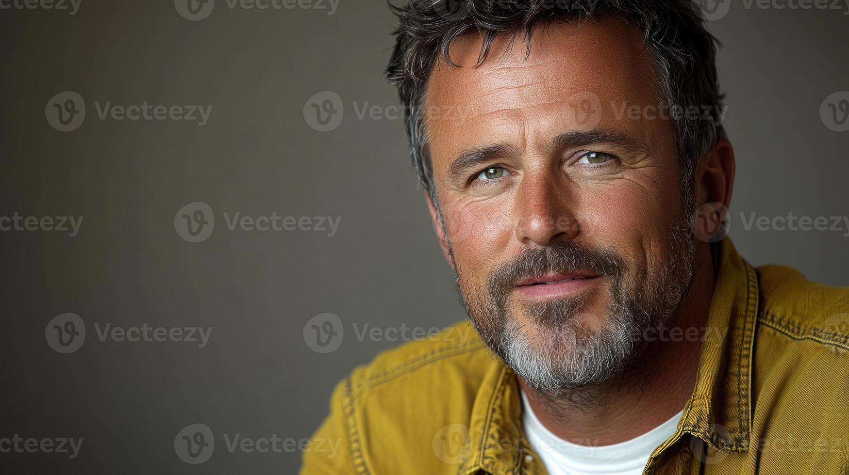 A confident man with a beard smiles in a relaxed atmosphere, showcasing a friendly demeanor and style photo