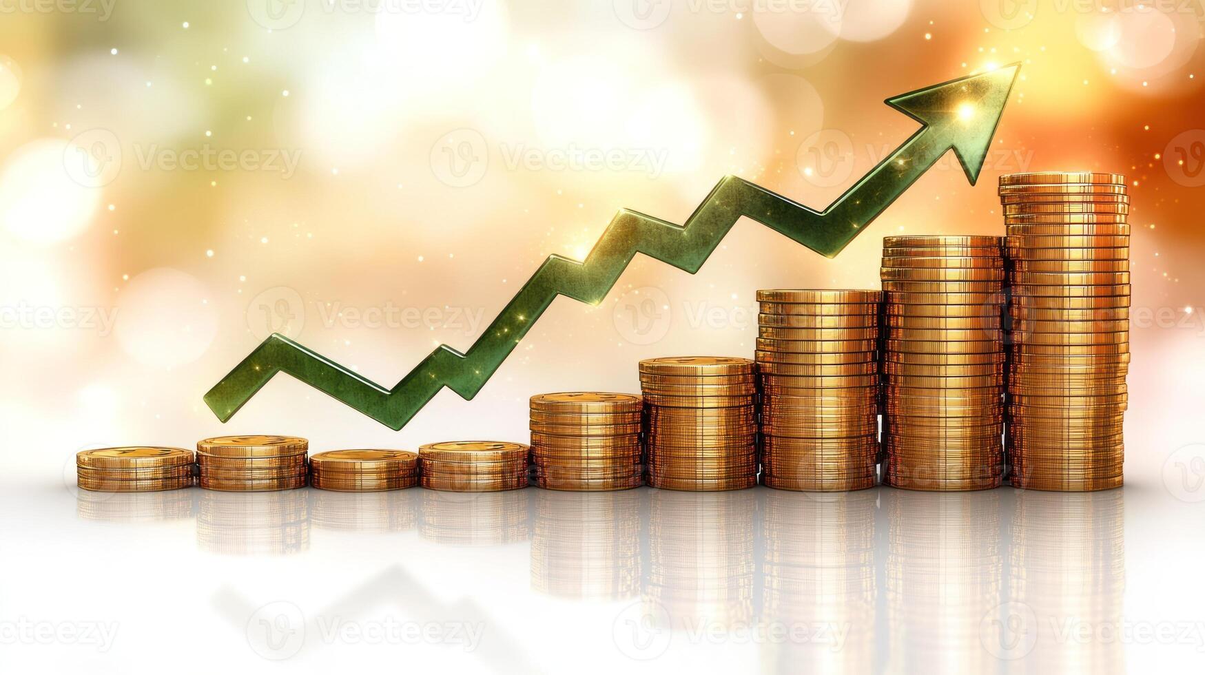 Stacks of coins increase in height alongside a green arrow pointing upward, symbolizing financial growth photo