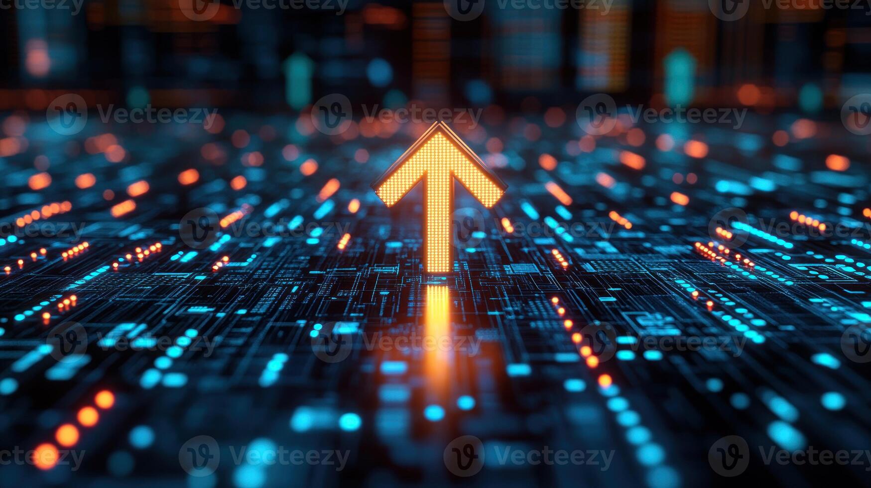 An orange arrow points upward on a glowing digital circuit board with blue lights and patterns photo